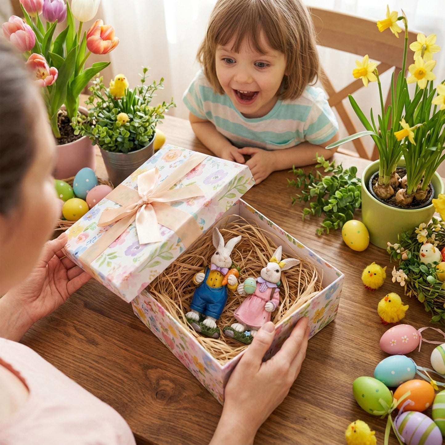 Valery Madelyn Easter Couple Bunny Decorations 2Pcs Resin Rabbit Figurines with Carrot & Egg, Cute Tabletop Centerpieces, Spring Holiday Home Decor, Indoor Party Accents & Easter Gifts, 5inch