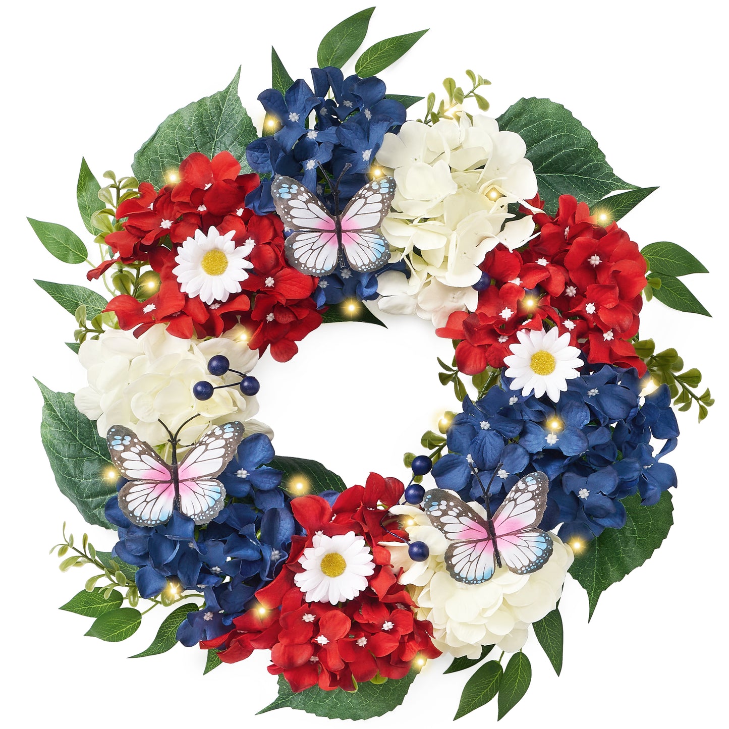 Valery Madelyn Patriotic Christmas Wreath for Front Door with Lights, 18 Inch Red White Blue 4th of July Wreath for Independence Memorial Day Decorations Americana Election Wall Home Party Decor