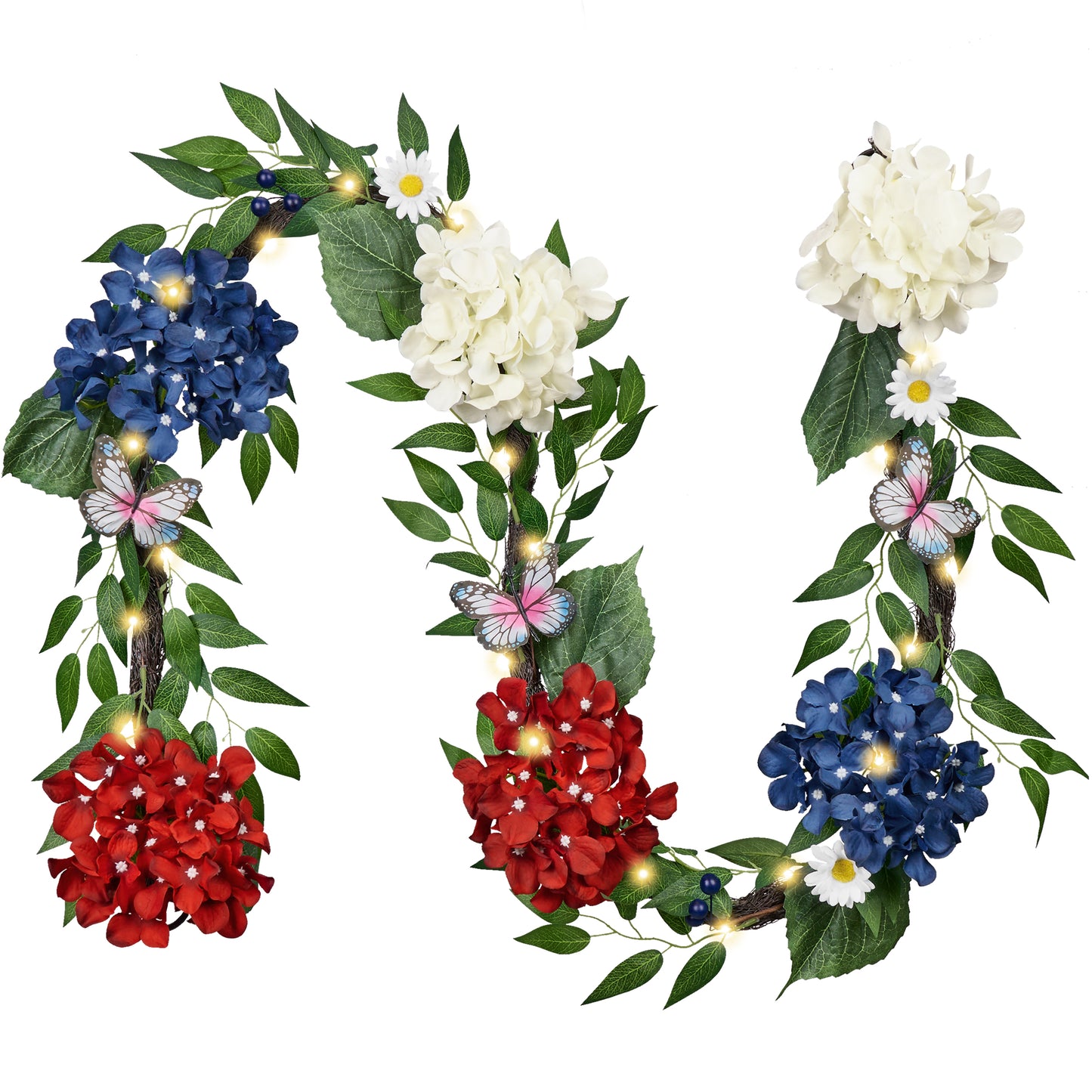 Valery Madelyn 6FT Patriotic Hydrangeas Garland with Lights for Mantle, Red Blue White 4th of July Floral Daisy Garland with Eucalyptus Leaves Butterfly for Home Table Centrepiece Stairs Decorations