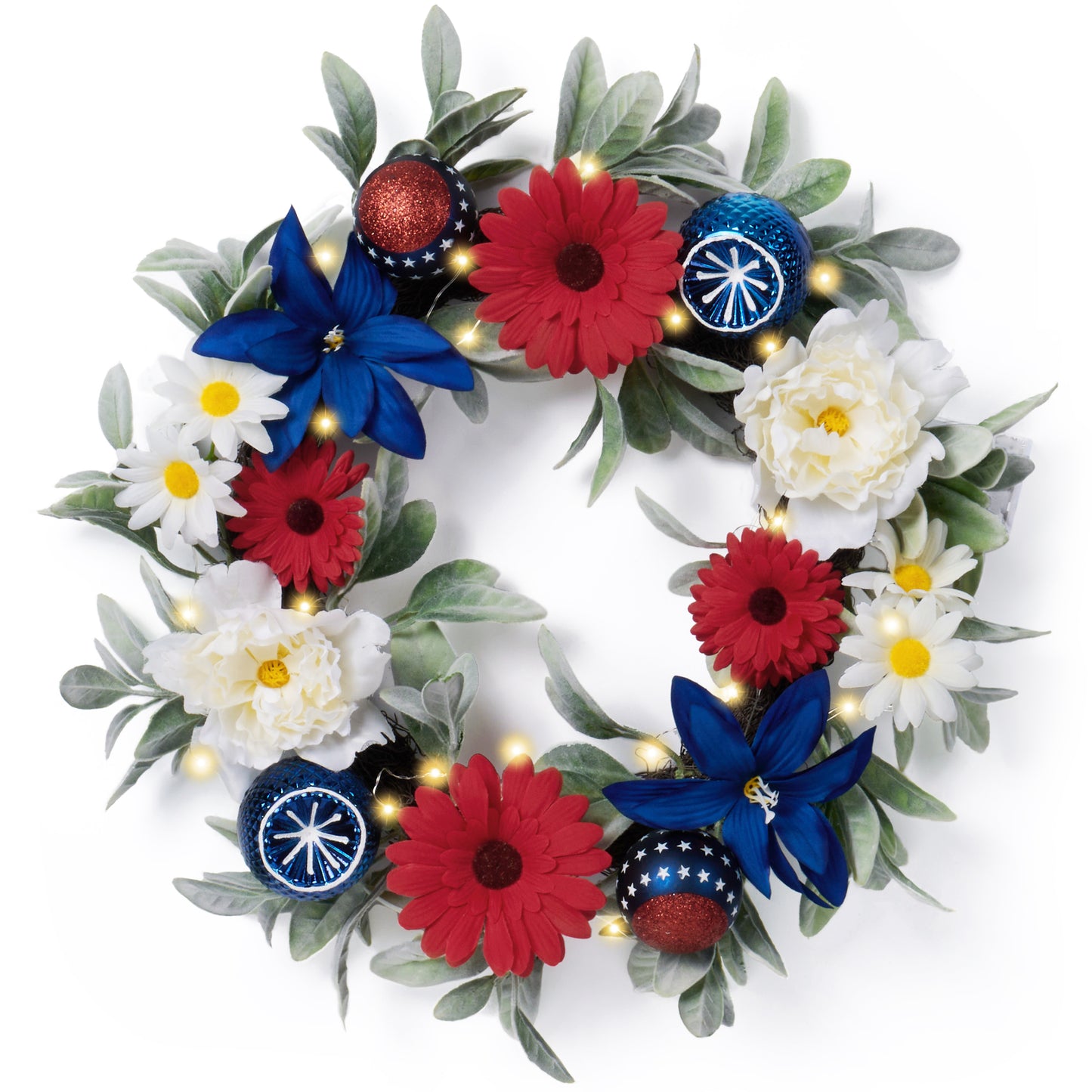 Valery Madelyn Patriotic Christmas Wreath for Front Door with Lights, 20 Inch Red White Blue 4th of July Wreath for Independence Memorial Day Decorations Americana Election Wall Home Party Decor