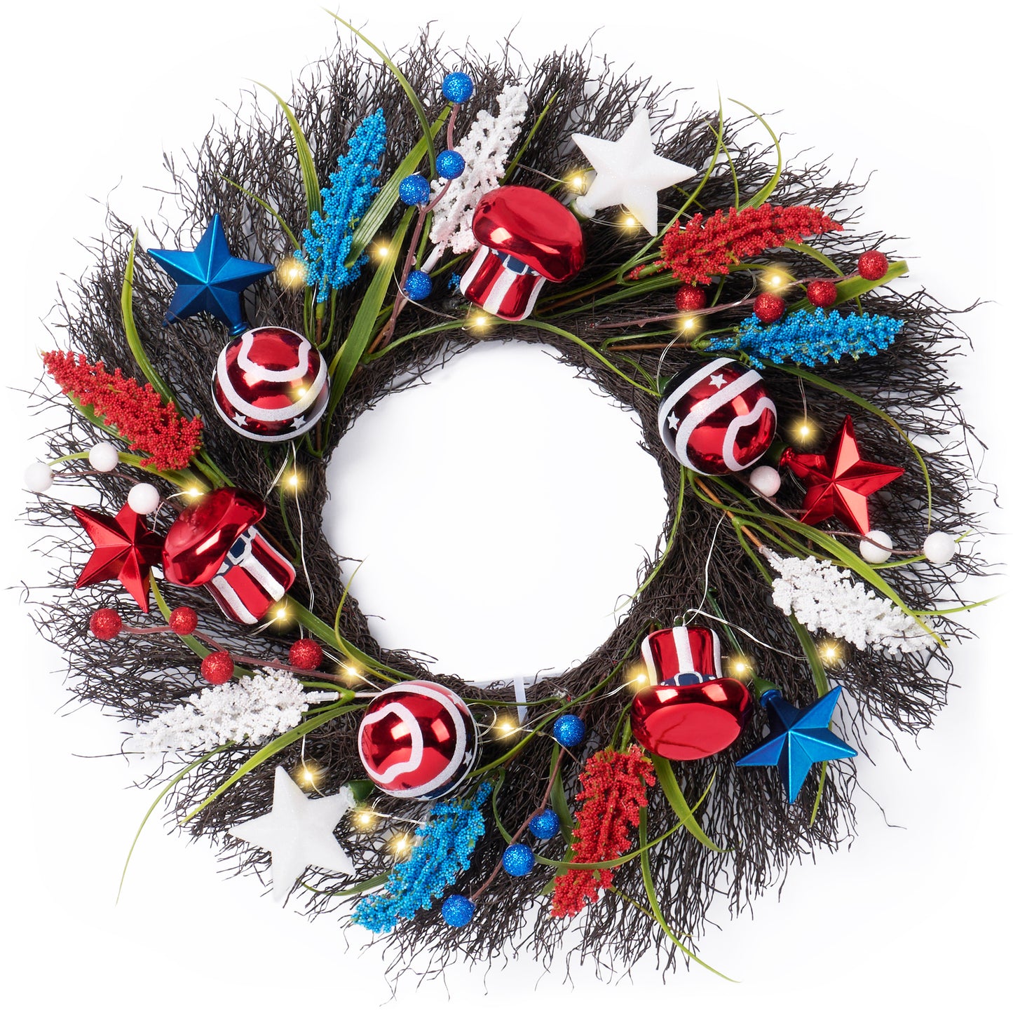 Valery Madelyn Patriotic Christmas Wreath for Front Door with Lights, 18 Inch Red White Blue 4th of July Wreath for Independence Memorial Day Decorations Americana Election Wall Home Party Decor