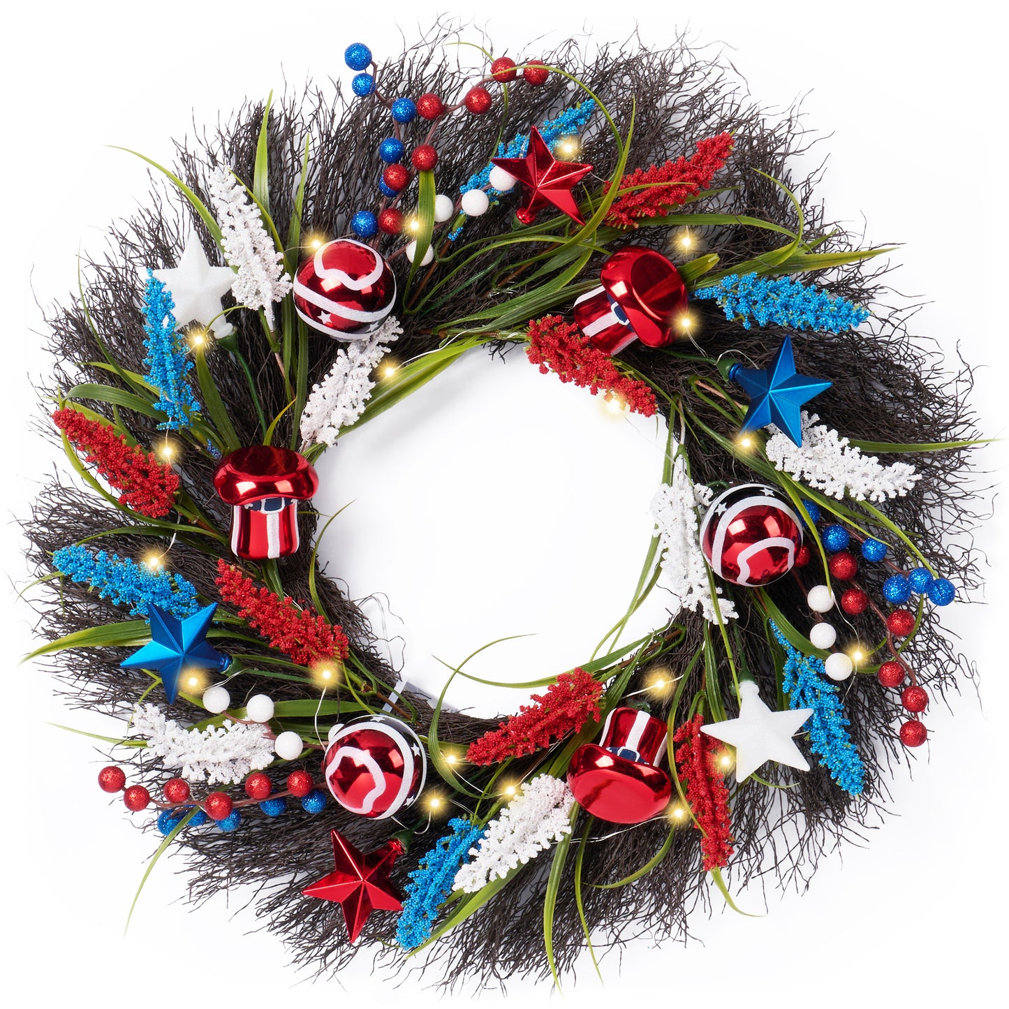 Valery Madelyn Patriotic Christmas Wreath for Front Door with Lights, 22 Inch Red White Blue 4th of July Wreath for Independence Memorial Day Decorations Americana Election Wall Home Party Decor
