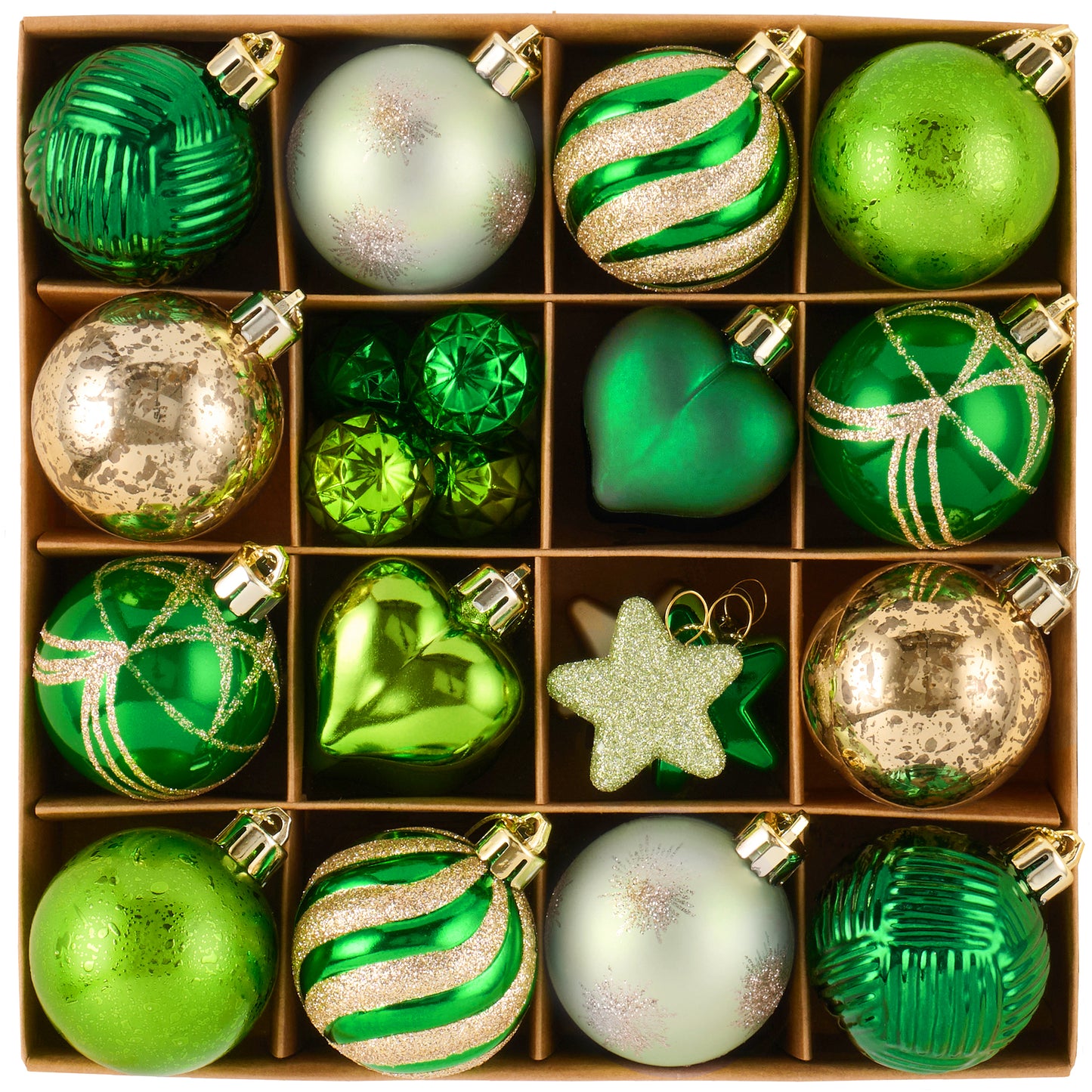 Valery Madelyn 28ct Christmas Tree Decorations Ornaments Set, Green and Gold Shatterproof Christmas Ball Ornaments Hanging Decor for Valentines Day, Mardi Gras, St Patricks Day