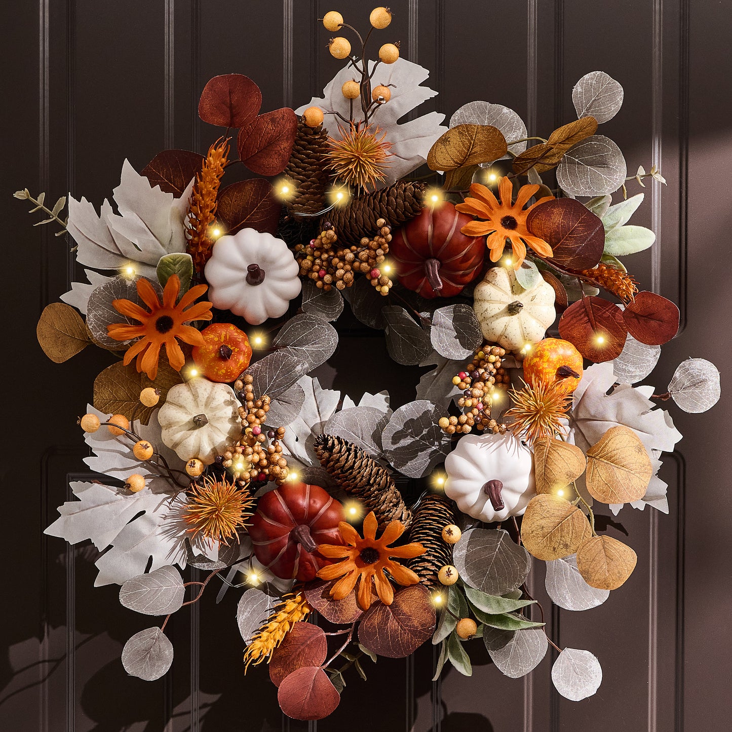 Valery Madelyn Fall Wreath with Lights for Front Door, 18" Autumn Door Wreath with White Pumpkins Silk Maple Leaves, Outdoor Fall Halloween Decorations for Home Porch Thanksgiving Harvest Table Decor-EG1301-0063