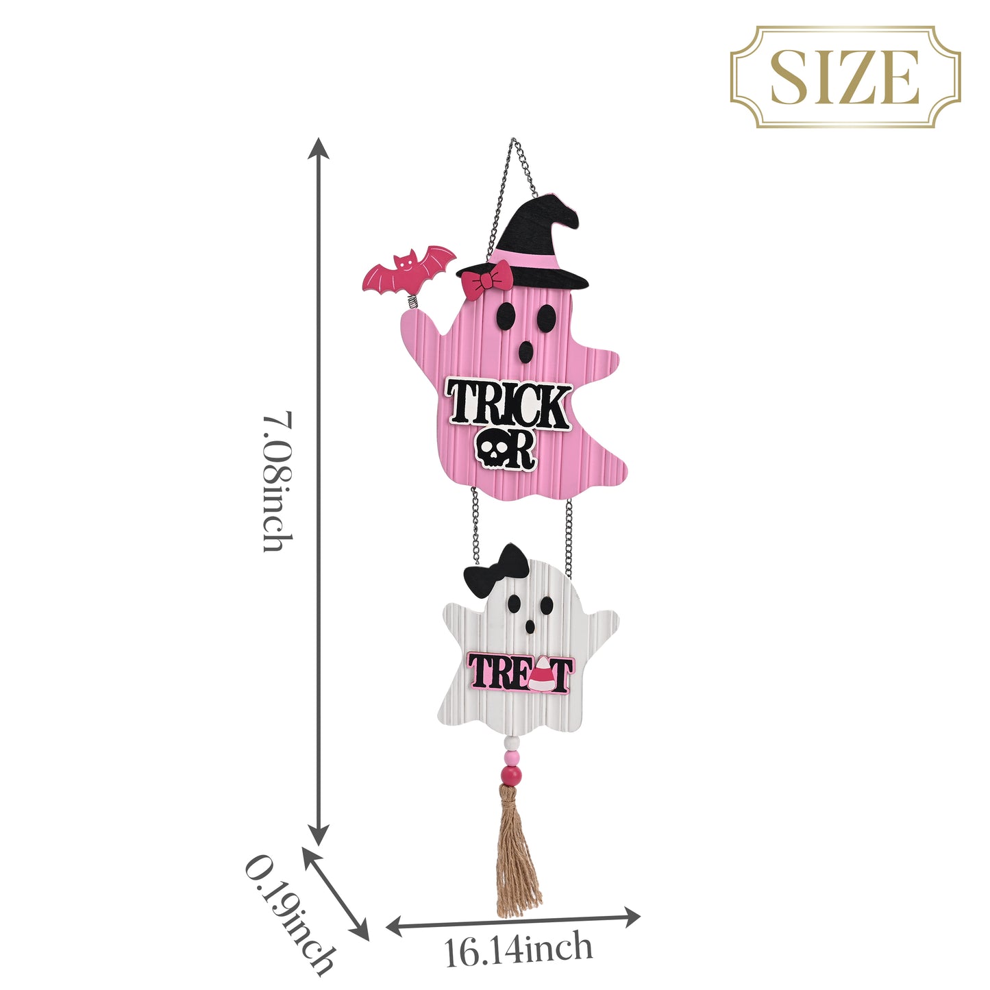 Valery Madelyn Pink Halloween Decorations, Cute Halloween Door Decorations, Ghost with Witch Hat Wooden Hanging Sign for Wall Window Door Handle, 16 inch
