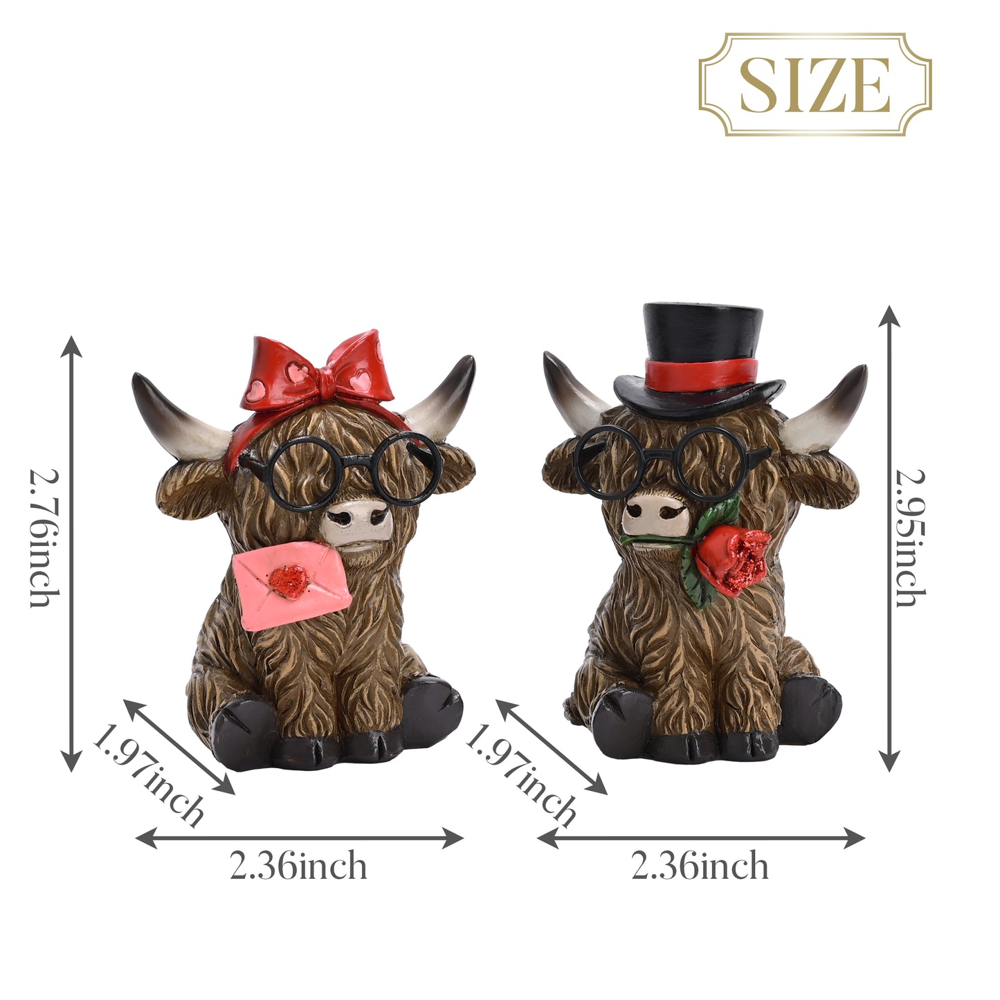 Valery Madelyn Set of 2 Valentines Highland Cow Decor, Cute Romantic Brown Calf Resin Handmade Figurines for Tiered Tray Tabletop Home Decor, Valentines Gifts for Him Her Wedding Anniversary, 3 inch
