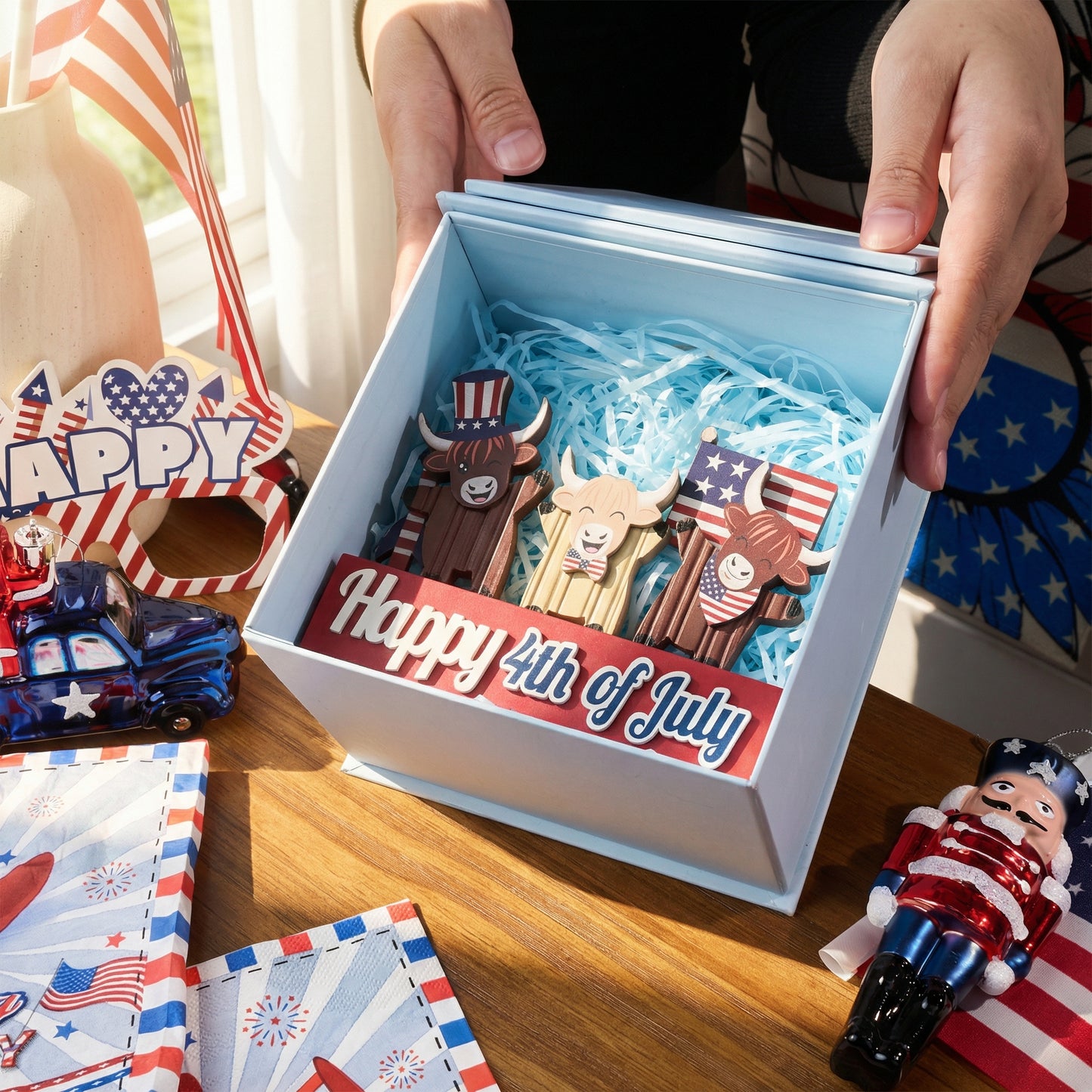 Valery Madelyn 4th of July Decorations with LED Light, Lighted Patriotic Highland Cow Decor, Wooden Americana Sign for Memorial Day Independence Day Labor Veteran Day Indoor, 12 inch