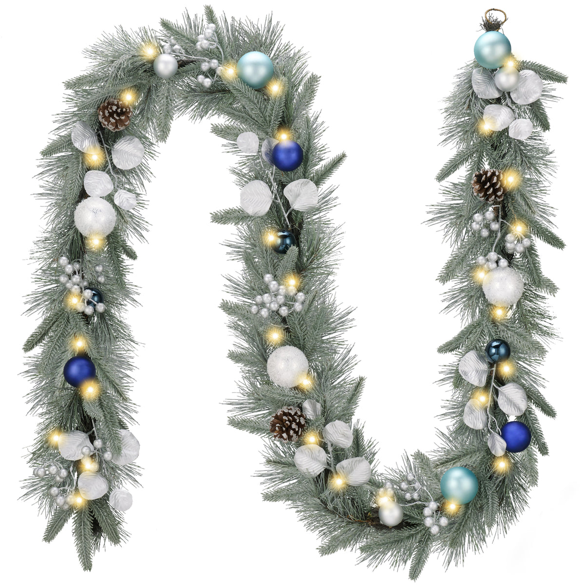 Valery Madelyn 9 Ft Christmas Garland with Lights for Mantle Silvery Blue