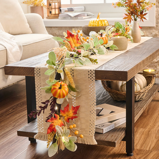 Valery Madelyn 6ft Lighted Fall Garland, Silk Pumpkin & Maple Leaves for Mantel Table Fireplace Decor