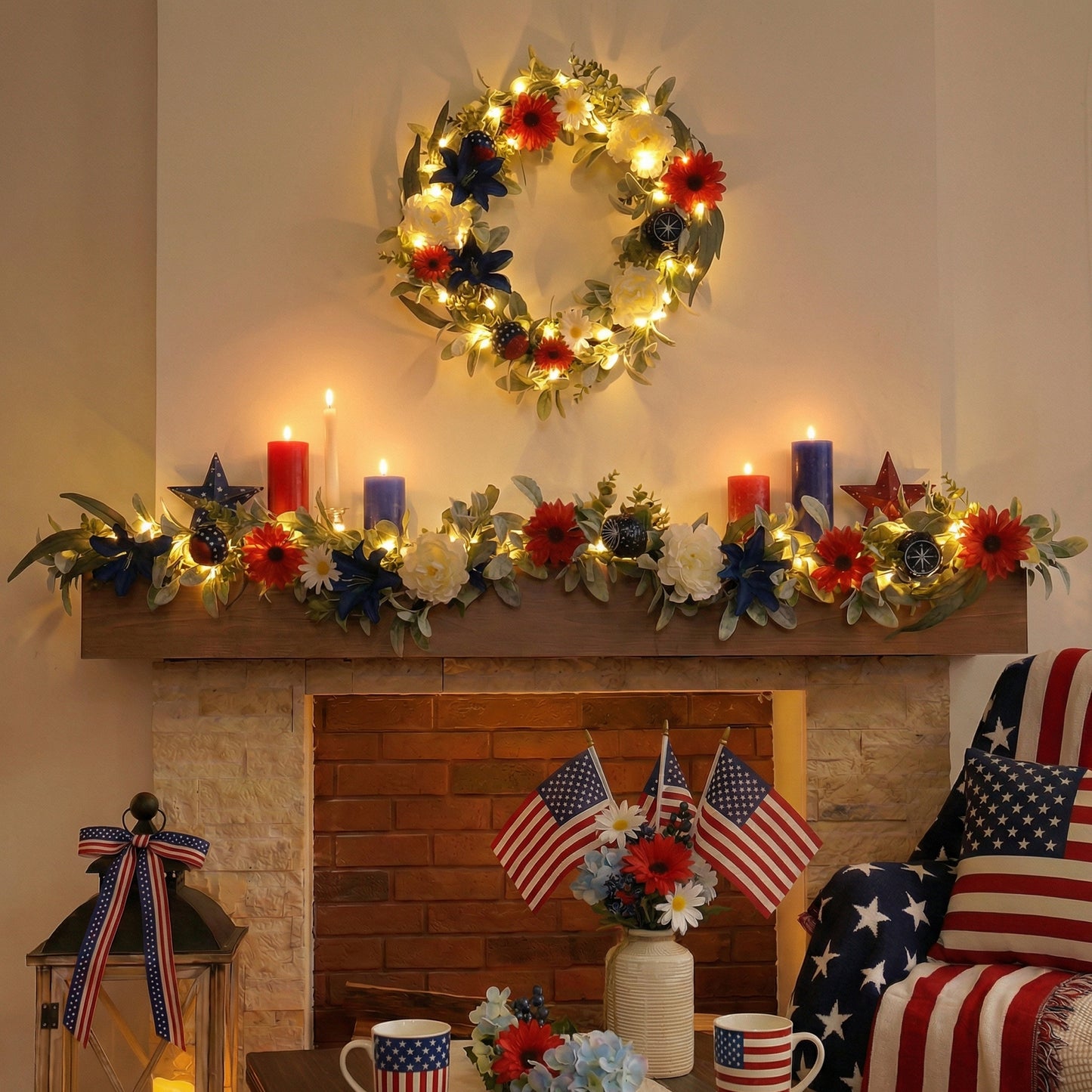 Valery Madelyn 6FT Patriotic Garland with Lights for Mantle, Red White Blue Garland with Ball Ornaments Butterfly for 4th of July Independence Day Decor