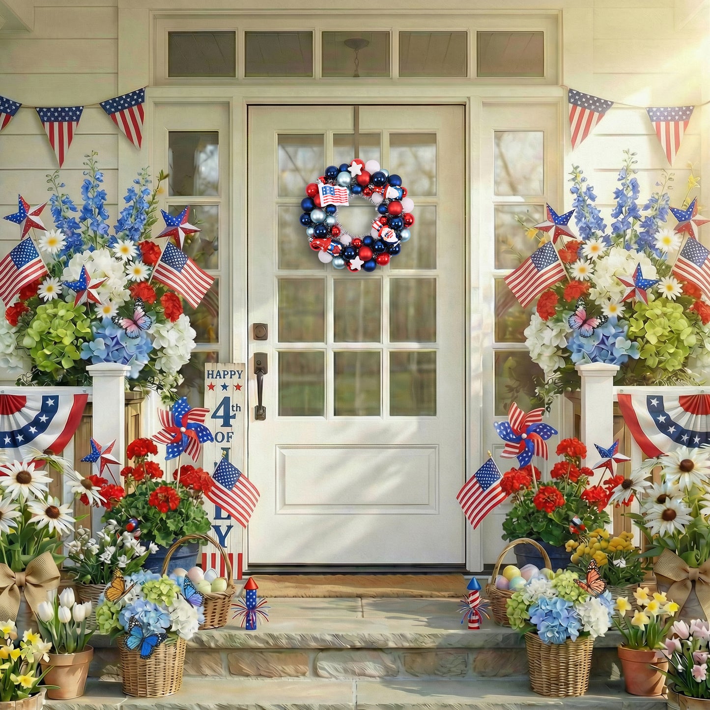 Valery Madelyn 4th of July Ball Wreaths for Front Door,Red White Blue Patriotic Wreath with Lights, American Decorations for Memorial Day,13'