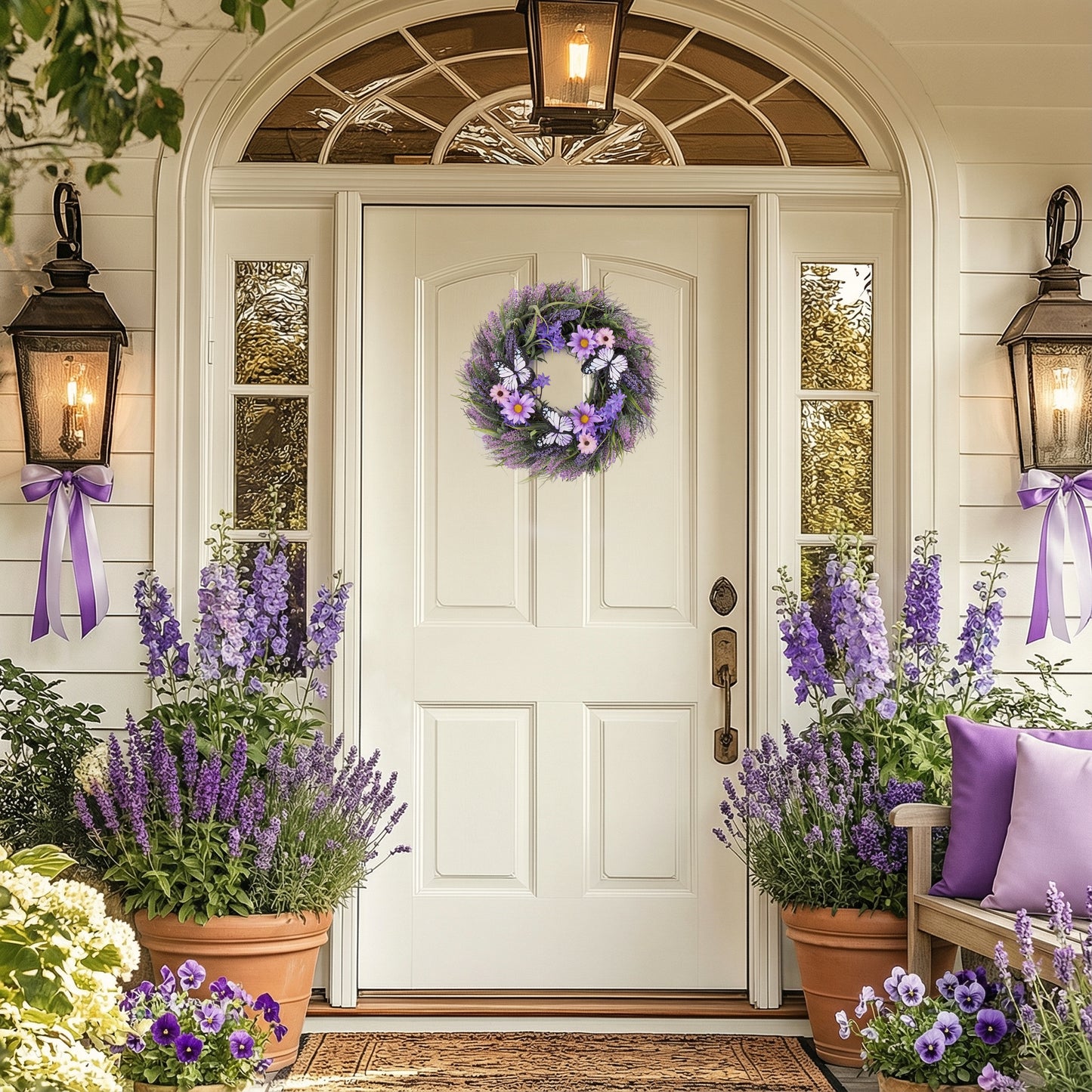 Valery Madelyn Summer Lavender Wreaths for Front Door with Lights, Artificial Spring Floral Wreath with Purple Bellflower Berries Butterfly for Fall Home Porch Window Party Wedding Wall Decor-18''