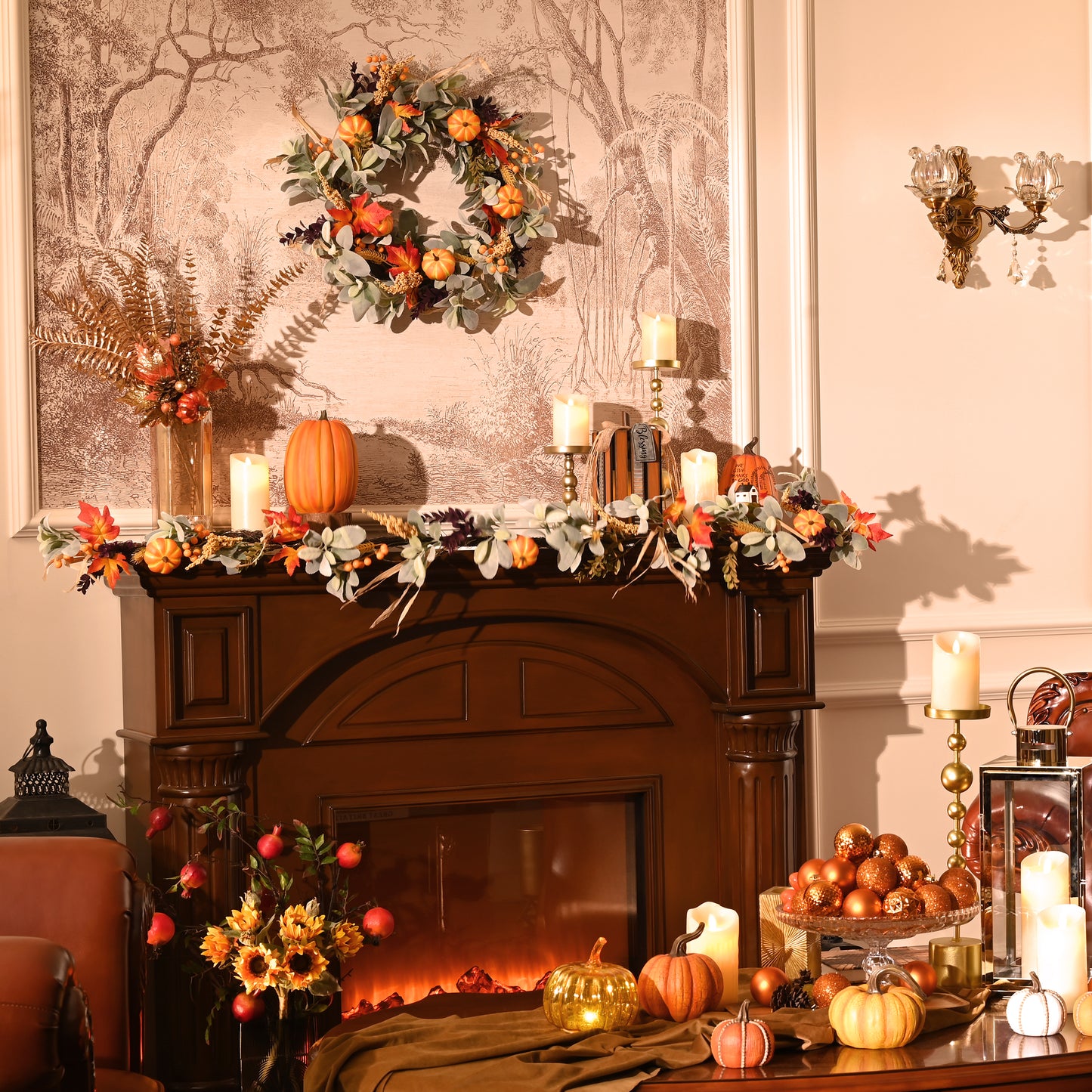 Valery Madelyn 6ft Lighted Fall Garland, Silk Pumpkin & Maple Leaves for Mantel Table Fireplace Decor