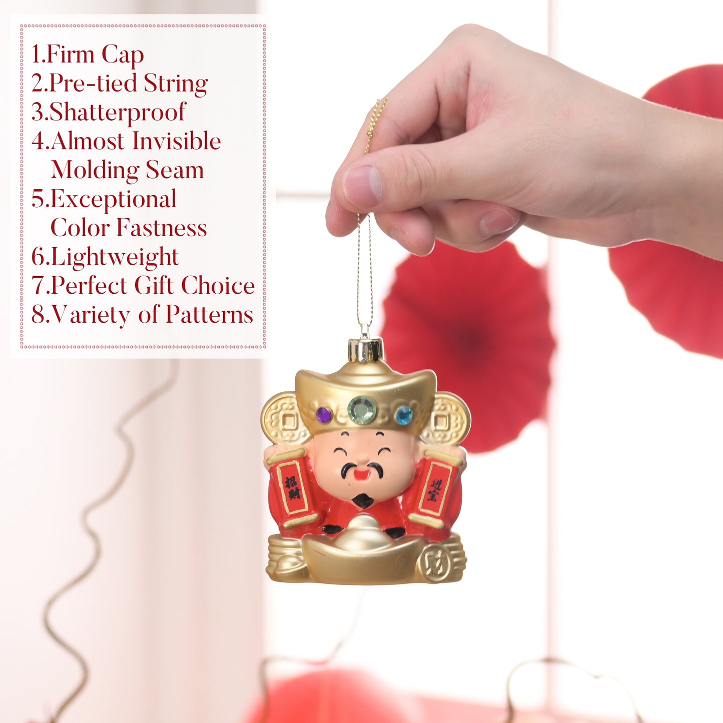 Valery Madelyn Chinese New Year Decorations Hanging Ornaments for Small Tree, 24ct Shatterproof Lion Dance Fu Character Gold Ingot Red Chinese Knots Copper Coin Lunar New Year Balls Bulk