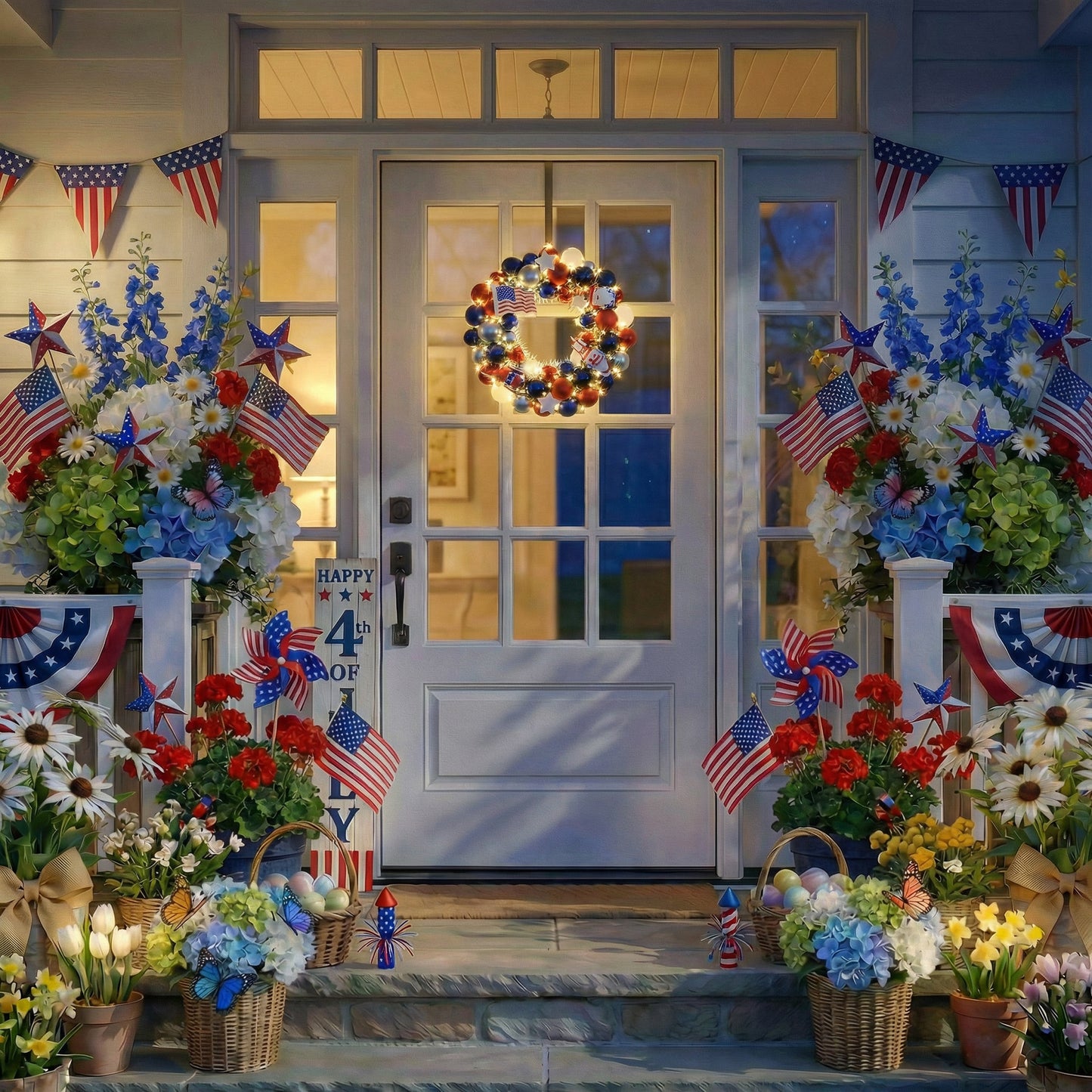 Valery Madelyn 4th of July Ball Wreaths for Front Door,Red White Blue Patriotic Wreath with Lights, American Decorations for Memorial Day,13'