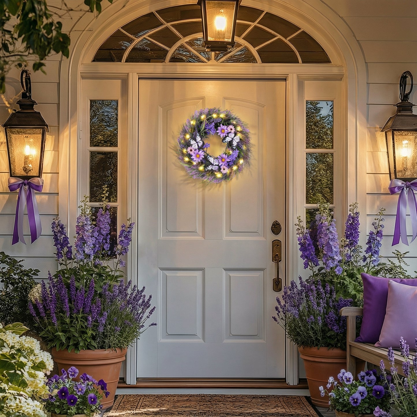 Valery Madelyn Summer Lavender Wreaths for Front Door with Lights, Artificial Spring Floral Wreath with Purple Bellflower Berries Butterfly for Fall Home Porch Window Party Wedding Wall Decor-18''