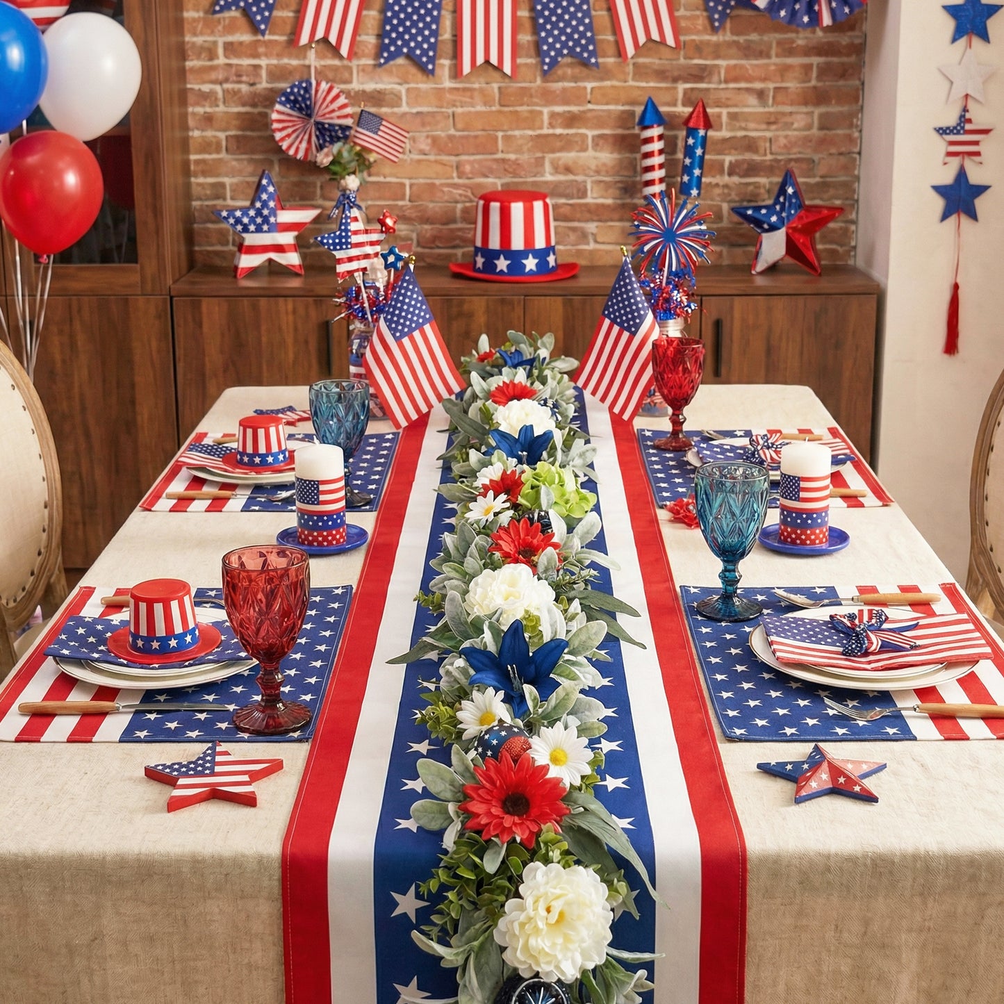 Valery Madelyn 6FT Patriotic Garland with Lights for Mantle, Red White Blue Garland with Ball Ornaments Butterfly for 4th of July Independence Day Decor