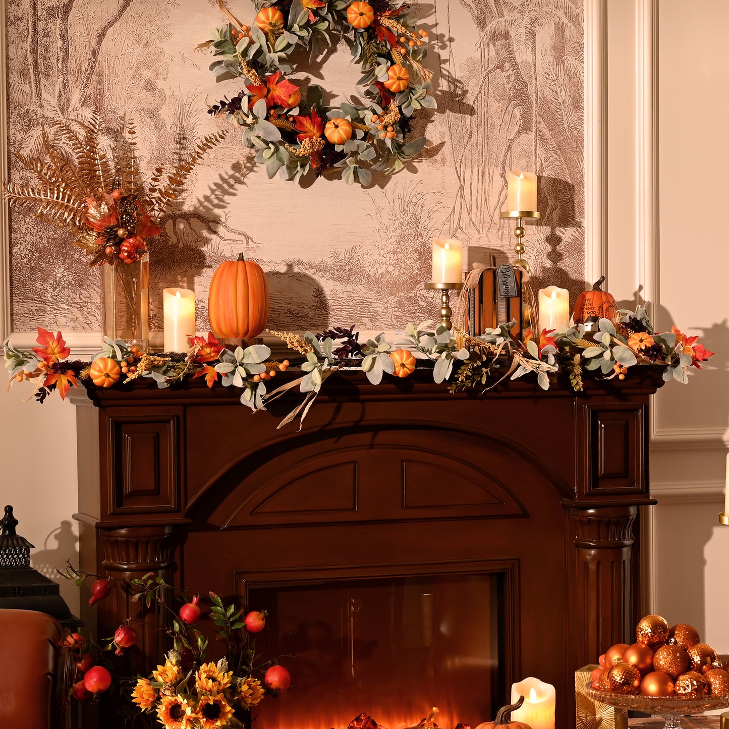 Valery Madelyn 6ft Lighted Fall Garland, Silk Pumpkin & Maple Leaves for Mantel Table Fireplace Decor