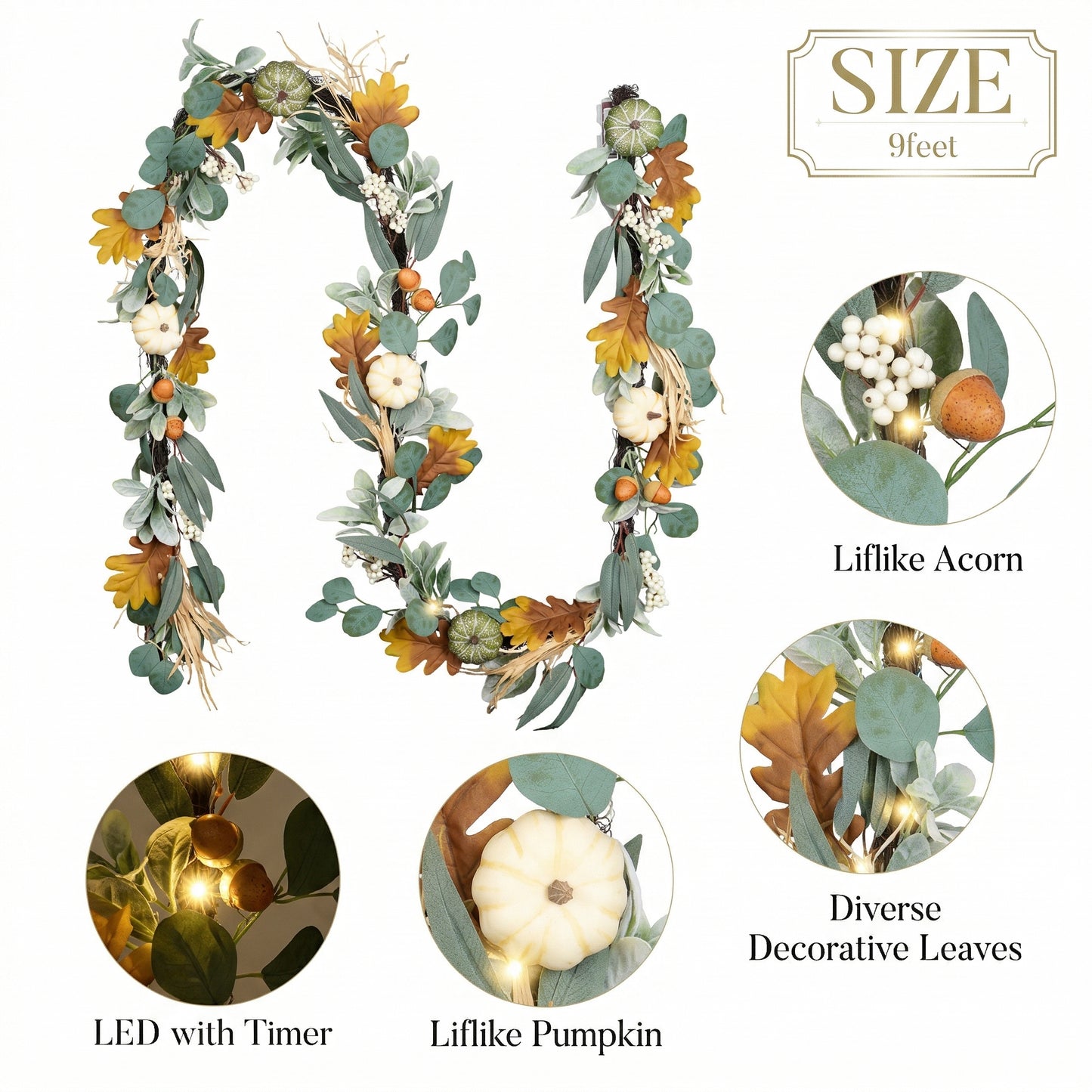Valery Madelyn Fall Garland for Mantle, 9ft Lambs Ear Leaves Garland with Lights White Pumpkins Thanksgiving Table Centerpiece, Fall Autumn Decorations for Home Porch Fireplace Outdoor Halloween Decor