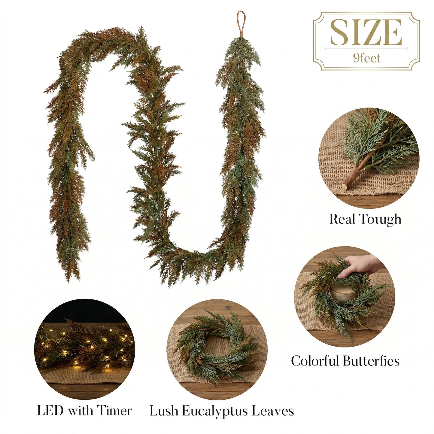 Valery Madelyn 9 Ft Artificial Norfolk Pine Garland for Mantle, Real Tough Fall Cedar Garland with Light, Lighted Autumn Pine Branches for Home Stairs Fireplace Table Indoor Outdoor Holiday Decor