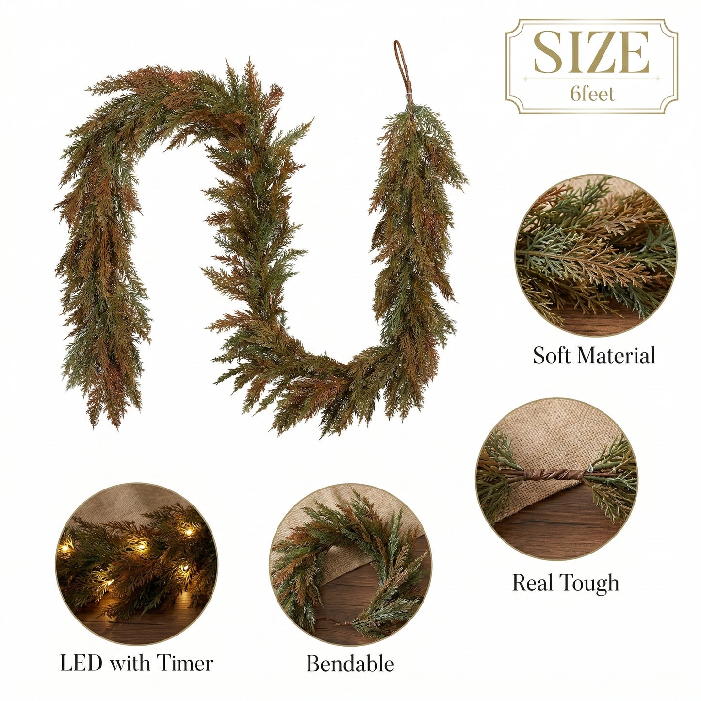 Valery Madelyn 6 Ft Artificial Norfolk Pine Garland for Mantle, Real Tough Fall Cedar Garland with Light, Lighted Autumn Pine Branches for Home Stairs Fireplace Table Indoor Outdoor Holiday Decor