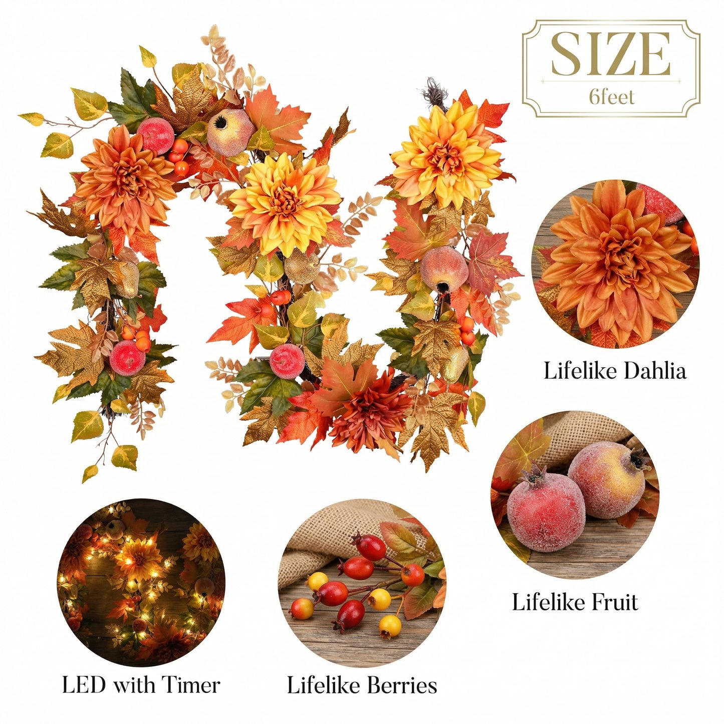 Valery Madelyn 6 Feet Artificial Pomegranate Fruits Garlands for Mantle,Fake Silk Dahlia Rose Autumn Garland with LED Lights for Fall Decor,Harvest Decorations for Home Fireplace Thanksgiving Decor