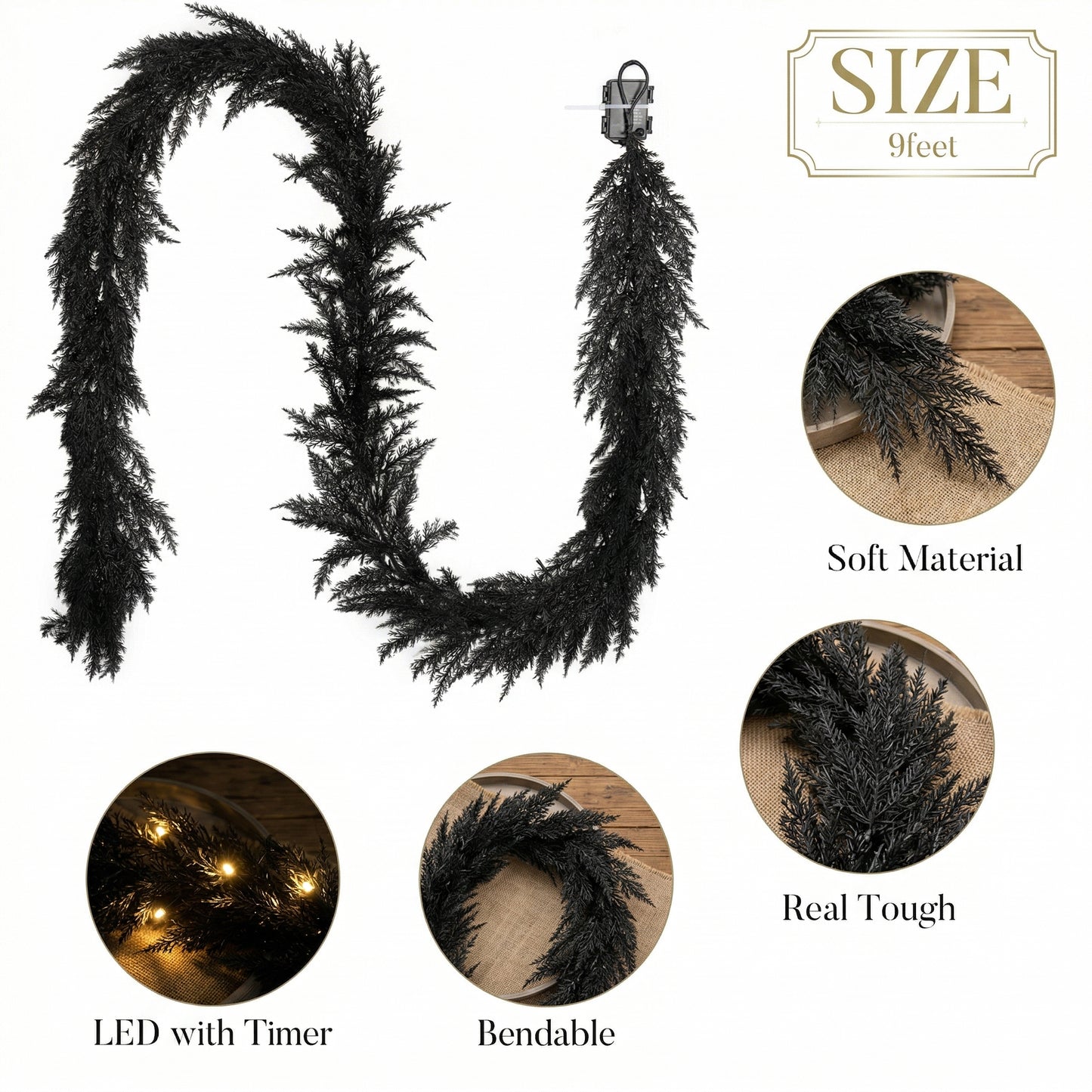 Valery Madelyn 9 Ft Artificial Norfolk Pine Garland for Mantle, Real Tough Halloween Garland with Light, Lighted Winter Pine Branches for Home Stairs Fireplace Table Indoor Outdoor Holiday Decor