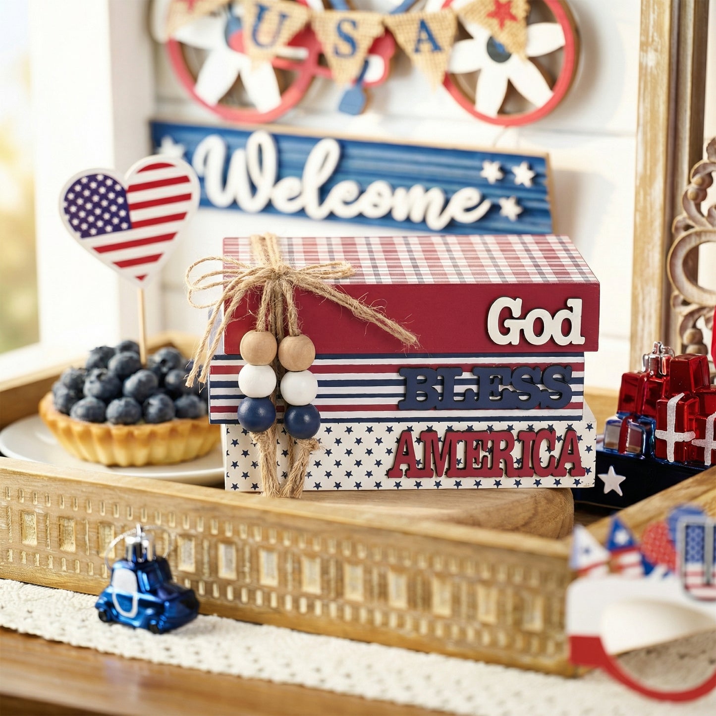 Valery Madelyn Memorial Day Decorations, 4th of July Table Decorations, Patriotic Wooden Book Decor for Home Office, Red White and Blue Book Stack for Table Tiered Tray Shelf, 5 inch