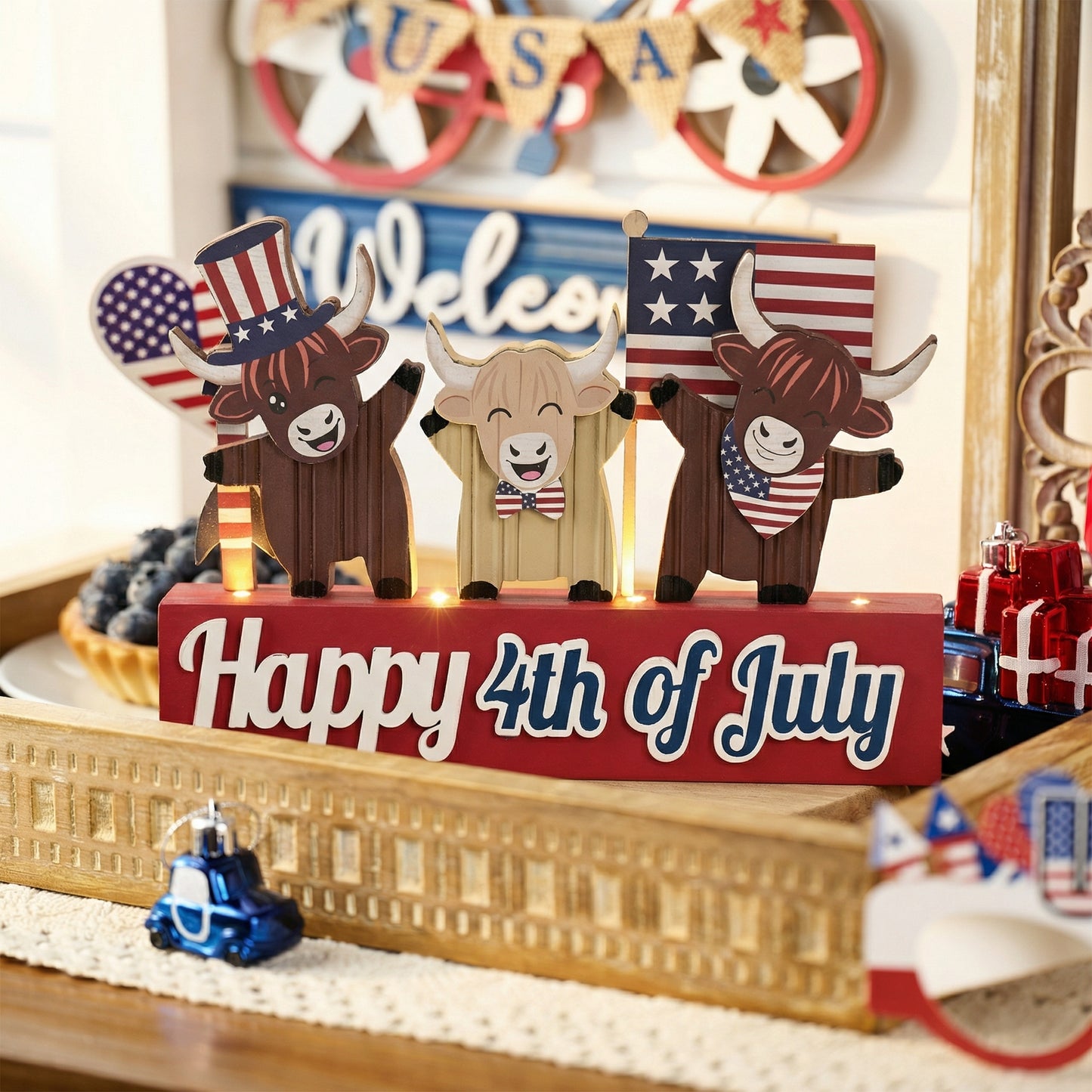 Valery Madelyn 4th of July Decorations with LED Light, Lighted Patriotic Highland Cow Decor, Wooden Americana Sign for Memorial Day Independence Day Labor Veteran Day Indoor, 8 inch