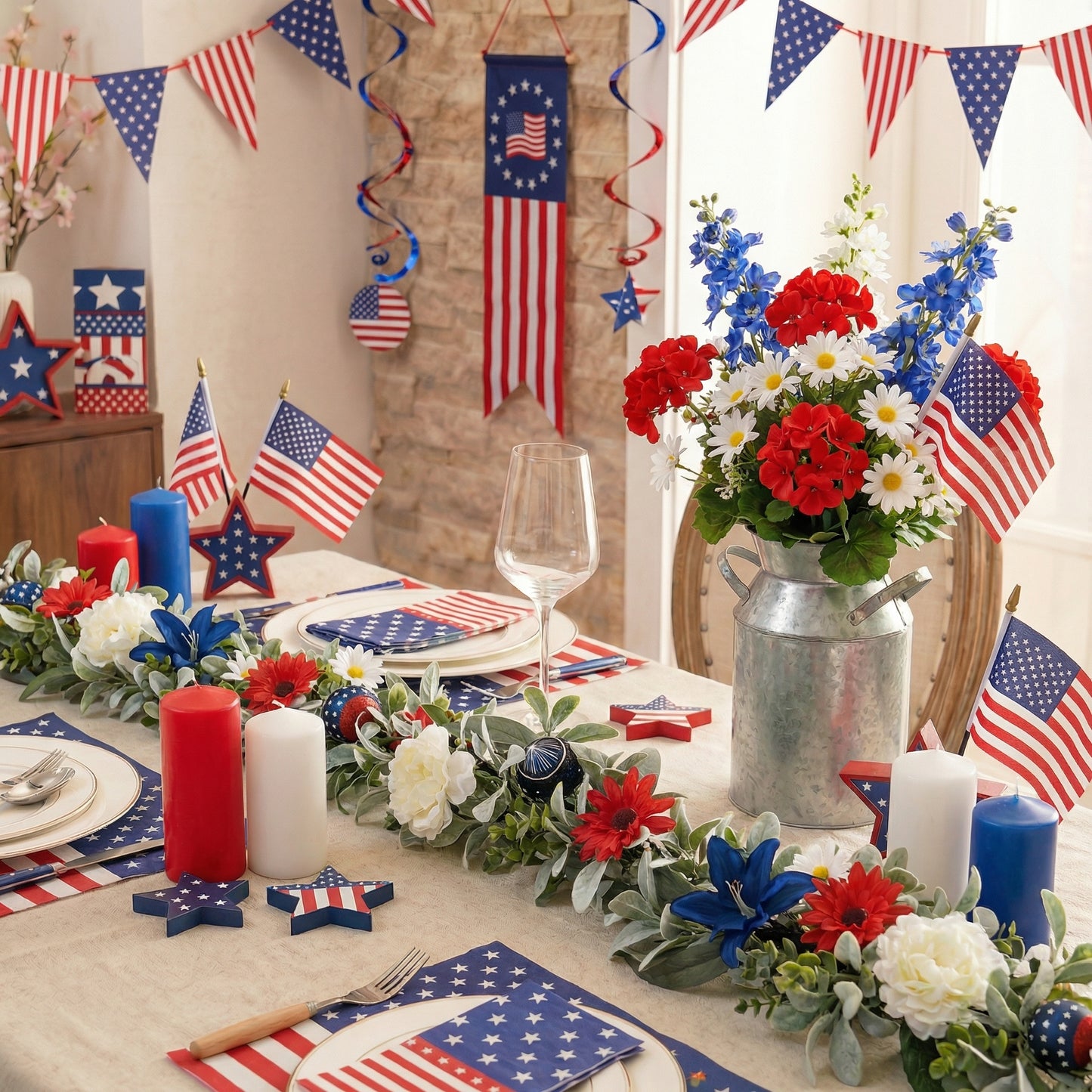 Valery Madelyn 6FT Patriotic Garland with Lights for Mantle, Red White Blue Garland with Ball Ornaments Butterfly for 4th of July Independence Day Decor