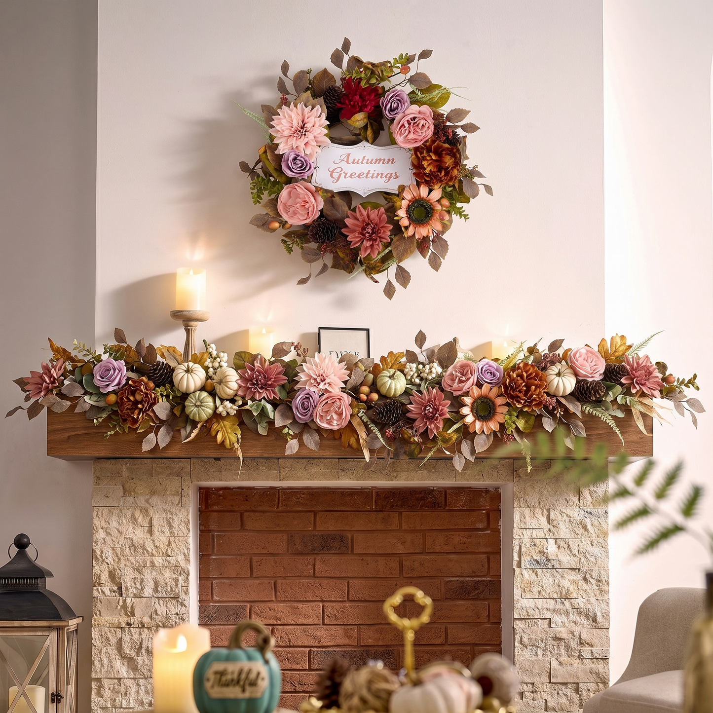 Valery Madelyn 24" Collapsible Fall Wreaths for Front Door with Decorative Plaque,Artificial Dahlia Rose Sunflower Wreath with LED Lights for Autumn Deocr,Harvest Decorations for Home Thanksgiving