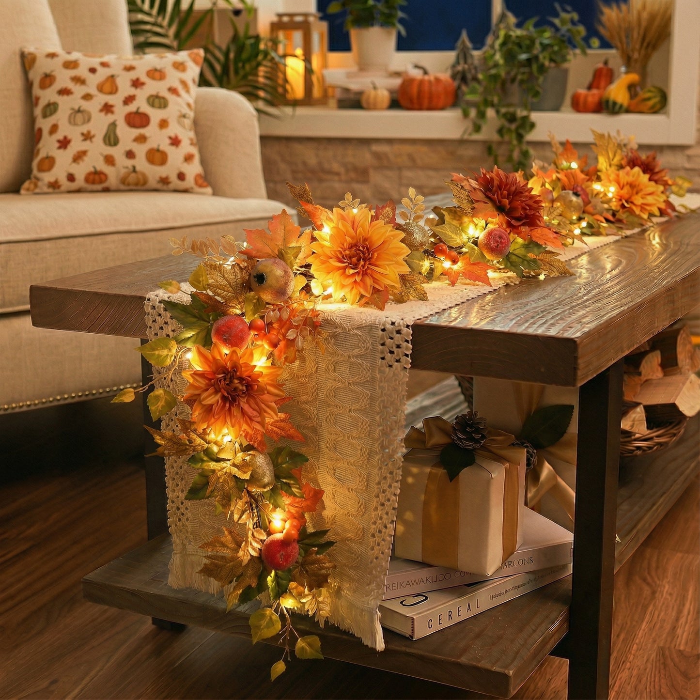 Valery Madelyn 6 Feet Artificial Pomegranate Fruits Garlands for Mantle,Fake Silk Dahlia Rose Autumn Garland with LED Lights for Fall Decor,Harvest Decorations for Home Fireplace Thanksgiving Decor