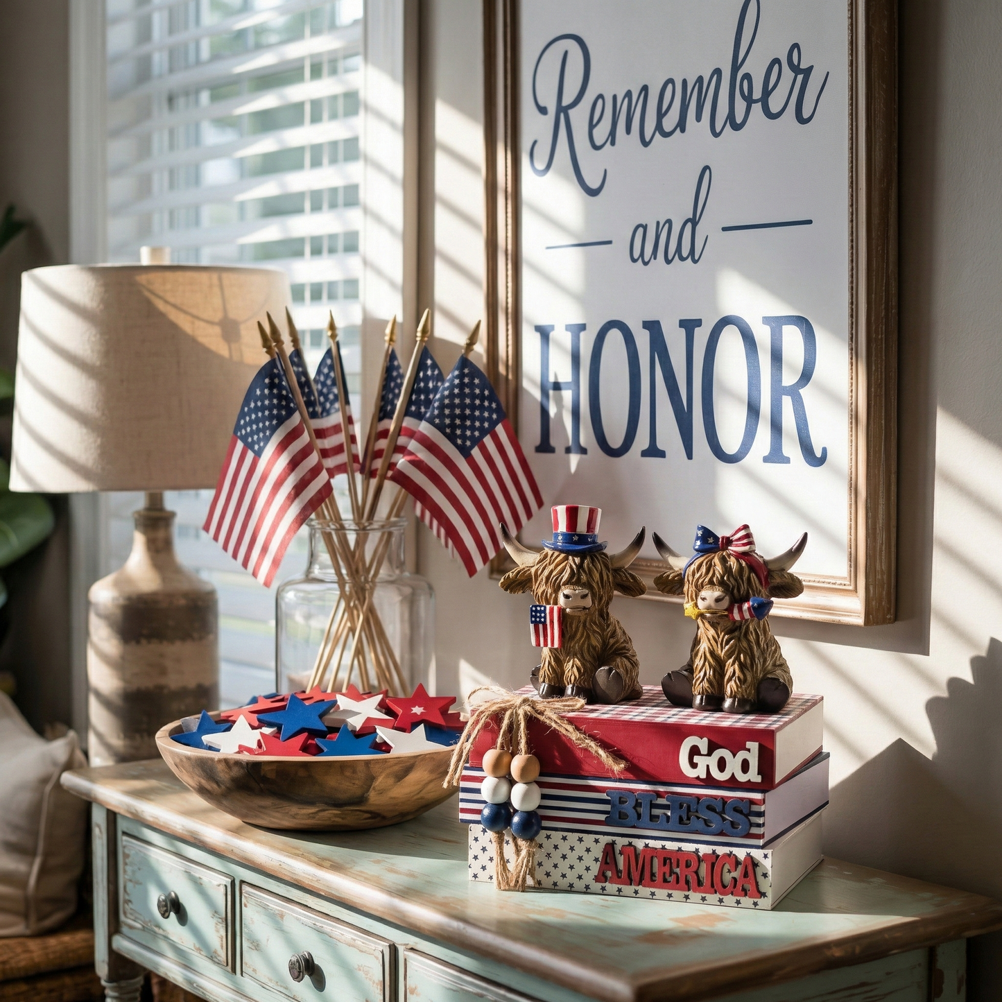 Valery Madelyn Memorial Day Decorations, 4th of July Table Decorations, Patriotic Wooden Book Decor for Home Office, Red White and Blue Book Stack for Table Tiered Tray Shelf, 7 inch