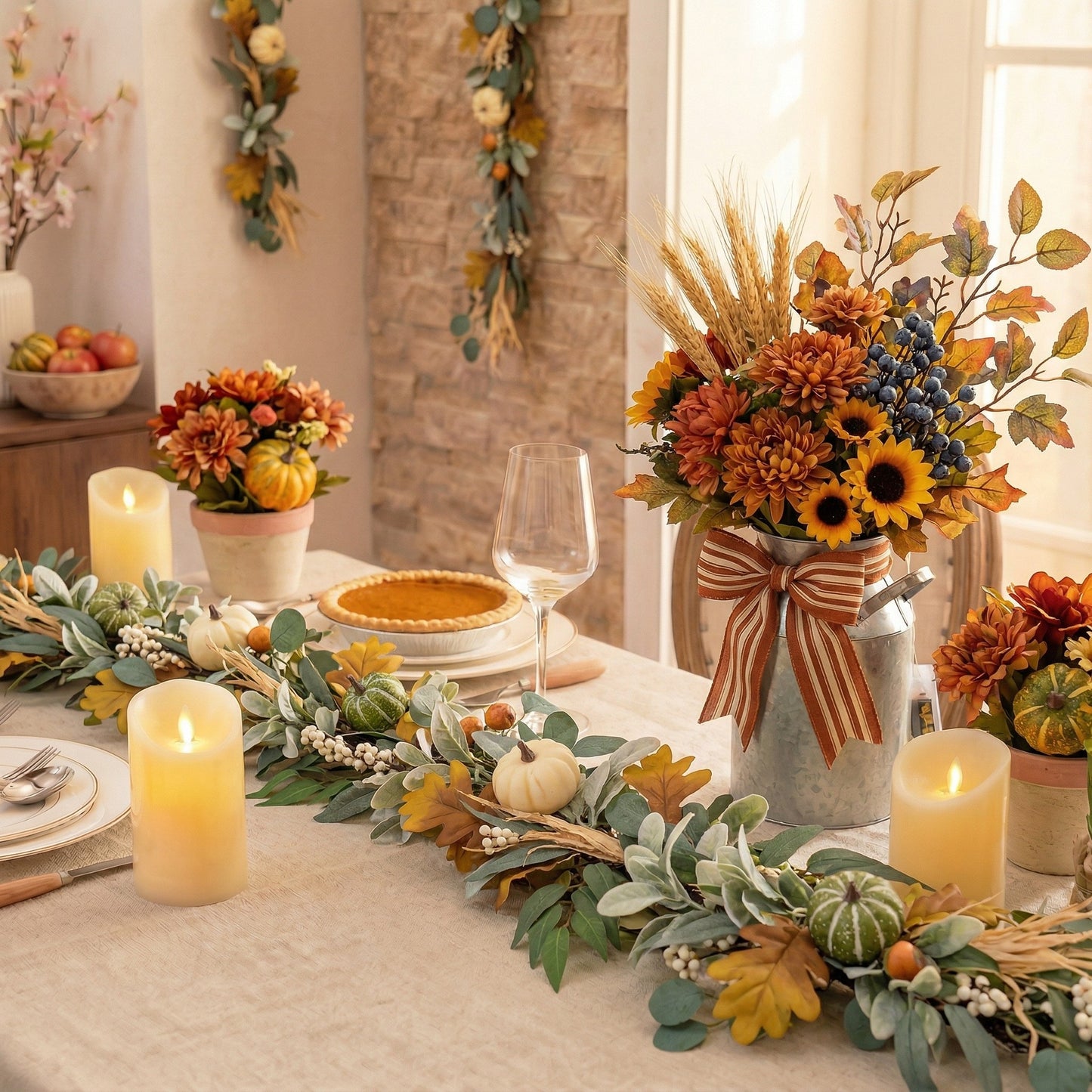 Valery Madelyn Fall Garland for Mantle, 9ft Lambs Ear Leaves Garland with Lights White Pumpkins Thanksgiving Table Centerpiece, Fall Autumn Decorations for Home Porch Fireplace Outdoor Halloween Decor