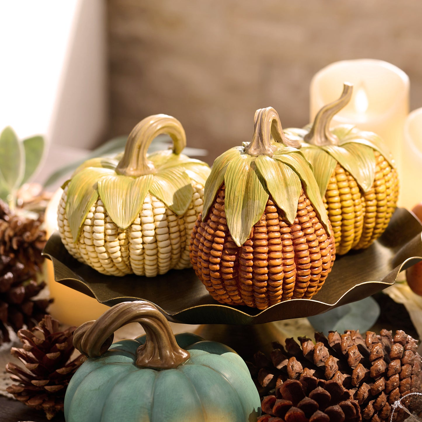 Valery Madelyn 3Pcs Fall Pumpkin Set, 5.1" Resin Corn Figurines for Table Centerpiece Thanksgiving Decor