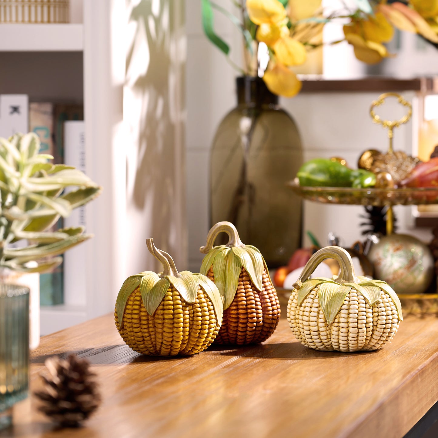 Valery Madelyn 3Pcs Fall Pumpkin Set, 5.1" Resin Corn Figurines for Table Centerpiece Thanksgiving Decor