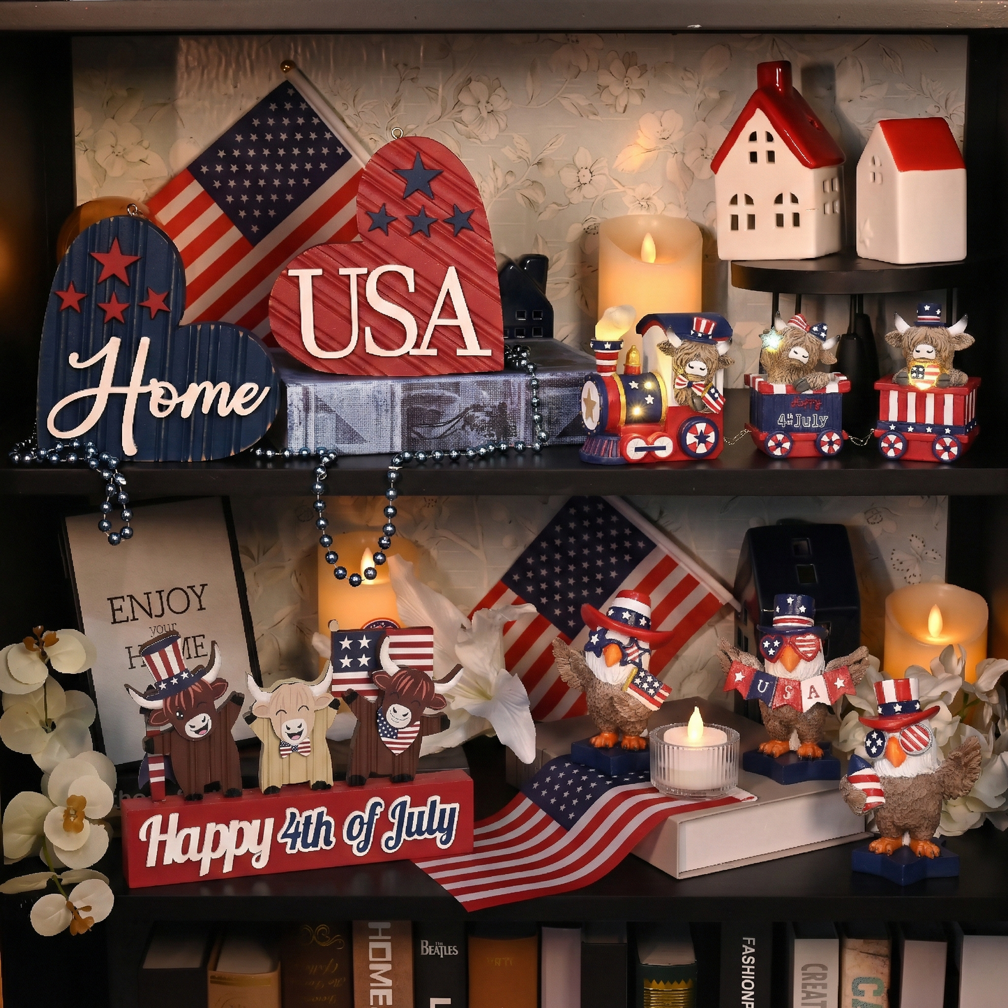 Valery Madelyn 4th of July Decorations with LED Light, Lighted Patriotic Highland Cow Decor, Wooden Americana Sign for Memorial Day Independence Day Labor Veteran Day Indoor, 8 inch