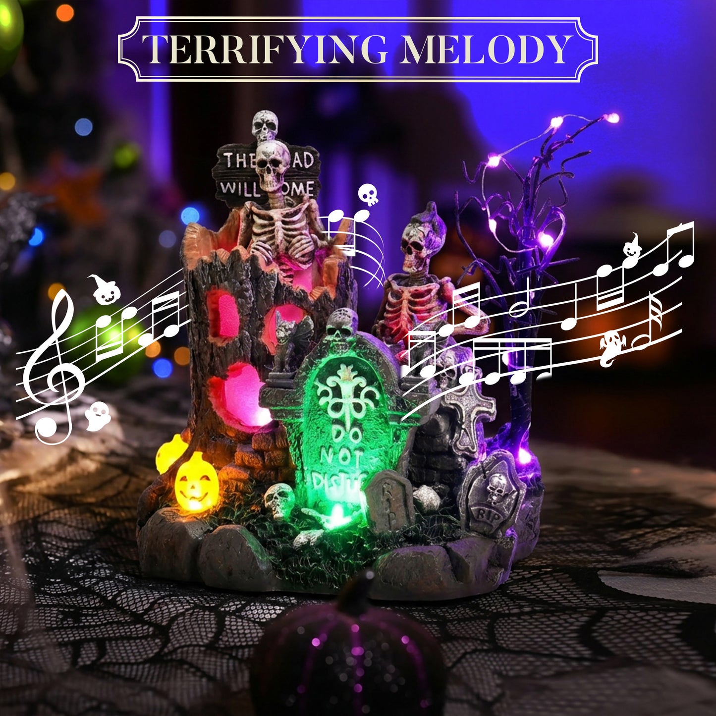 Valery Madelyn Halloween Decorations, Lighted Halloween Village with Music and LED Lights, Resin Spooky Tree and Skeleton Gravestones Scene Haunted House for Home and Party Table Desk Mantel, 8 Inch