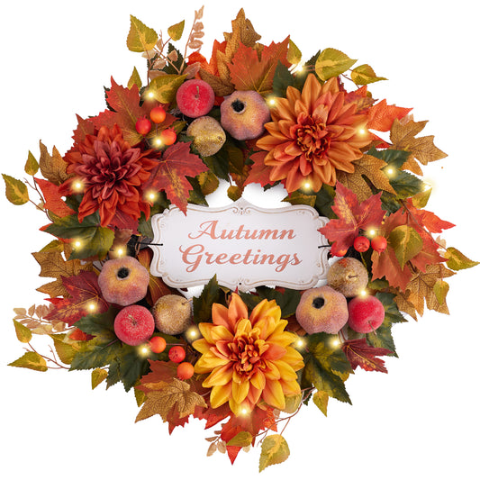 Valery Madelyn 24" Collapsible Fall Wreaths for Front Door with Decorative Plaque,Artificial Pomegranates Apples Fruits Wreath with LED Lights for Autumn Decor,Harvest Decorations for Thanksgiving