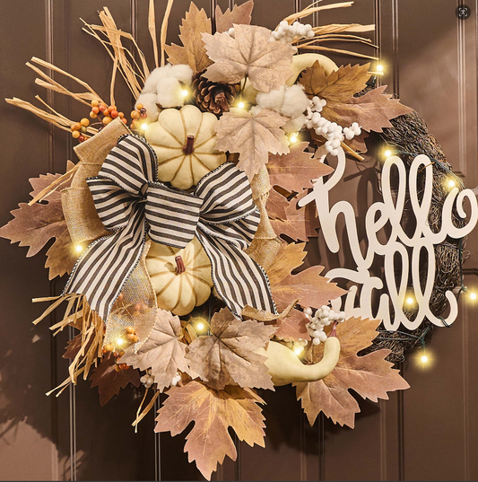 Valery Madelyn 22'' Collapsible Fall Wreaths for Front Door, Neutral Autumn Door Wreath with Lights Pumpkins Bow Outdoor Fall Halloween Decorations for Home Porch Thanksgiving Harvest Outdoor Decor