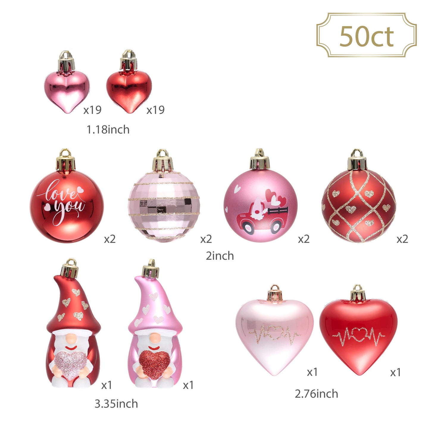 Valery Madelyn 50Pcs Valentines Heart Shaped Ornaments Gift Pack, Christmas Craft Painted Tree Heart Gnome Decorations, Pink Red Gold Christmas Baubles Hanging Party Wedding Anniversary Decor