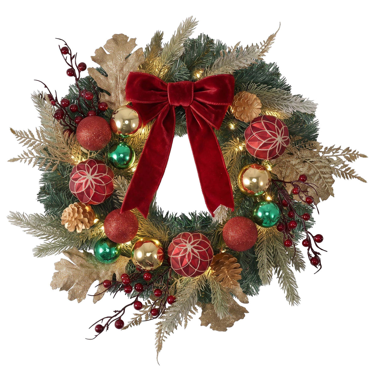 Valery Madelyn 20" Pre-Lit Christmas Wreath for Front Door with Lights Lighted Outdoor Christmas Wreath with Red Green Gold Ball Velvet Bow for Home Porch Fireplace Holiday Wall Decor