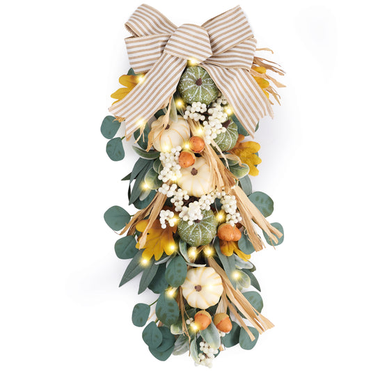 Valery Madelyn 24 inch Fall Pumpkin Teardrop Swag Autumn Harvest Door Hanger with Green & White Mini Pumpkins, Eucalyptus, Raffia, Berries and Striped Bow for Front Door Thanksgiving Table Centerpiece