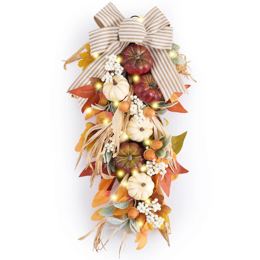 Valery Madelyn 24 inch Fall Pumpkin Teardrop Swag Autumn Harvest Door Hanger with Striped Bow, Mini Pumpkins, Eucalyptus, Raffia & Berry Sprays for Front Door, Mantel Thanksgiving Table Centerpiece