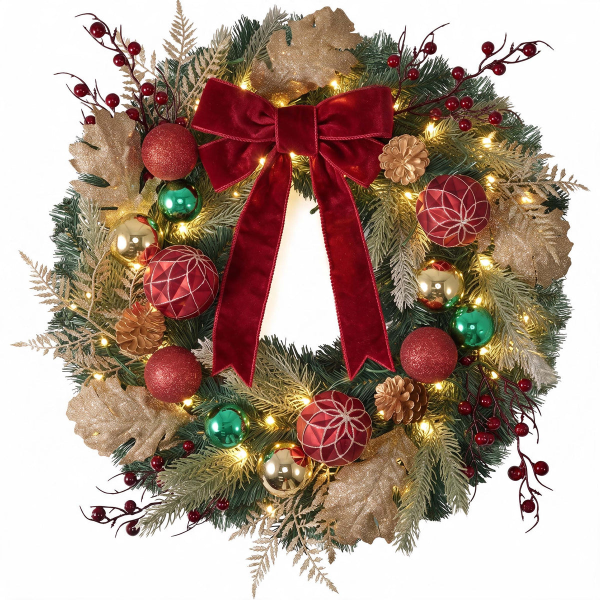 Valery Madelyn 24" Pre-Lit Large Christmas Wreath for Front Door with Light Collapsible Lighted Outdoor Christmas Wreath with Red Green Gold Ball Velvet Bow for Home Porch Fireplace Holiday Wall Decor