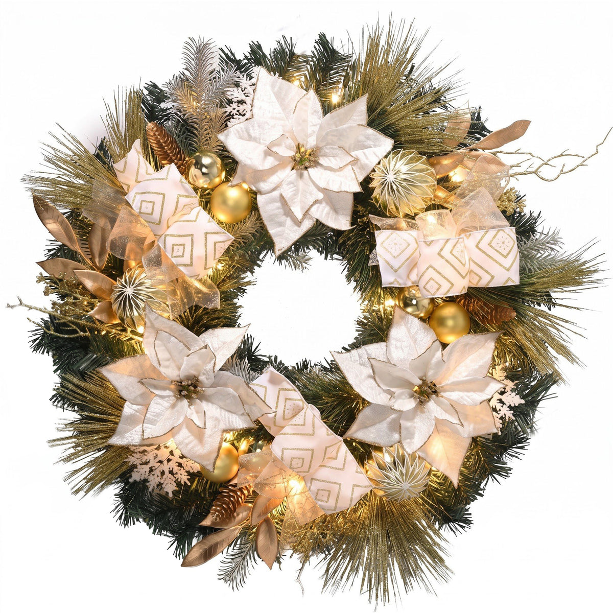 Valery Madelyn 24" Pre-Lit Christmas Wreath for Front Door with Lights Collapsible Outdoor Christmas Wreath with White Gold Xmas Balls Ribbons Artificial Flowers for Home Porch Fireplace Decor