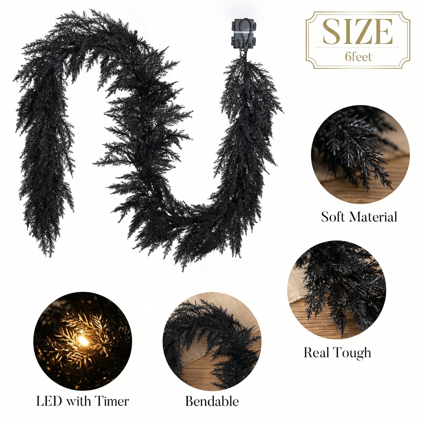 Valery Madelyn 6 Ft Artificial Norfolk Pine Garland for Mantle, Real Tough Halloween Garland with Light, Lighted Winter Pine Branches for Home Stairs Fireplace Table Indoor Outdoor Holiday Decor