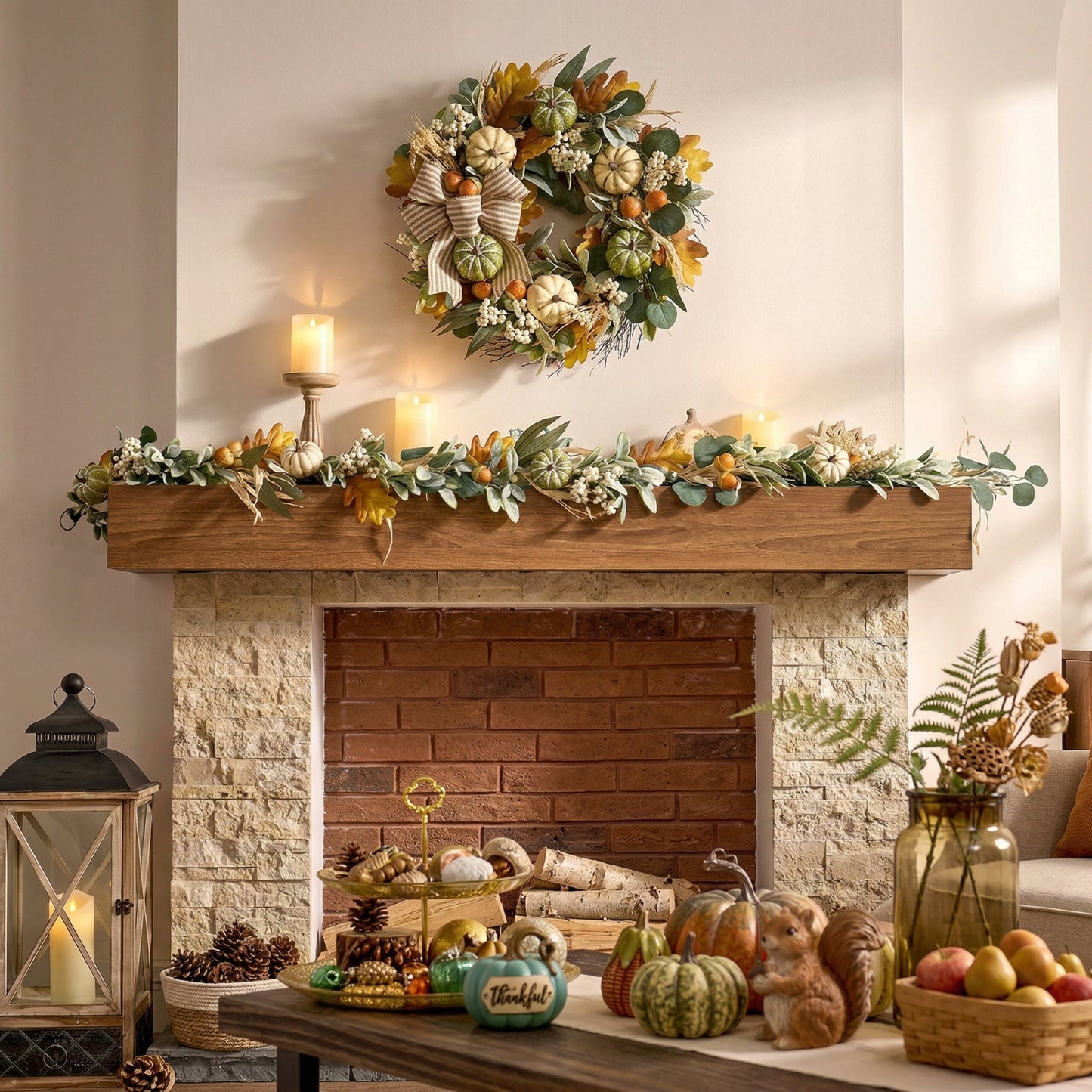 Valery Madelyn Fall Garland for Mantle, 9ft Lambs Ear Leaves Garland with Lights White Pumpkins Thanksgiving Table Centerpiece, Fall Autumn Decorations for Home Porch Fireplace Outdoor Halloween Decor