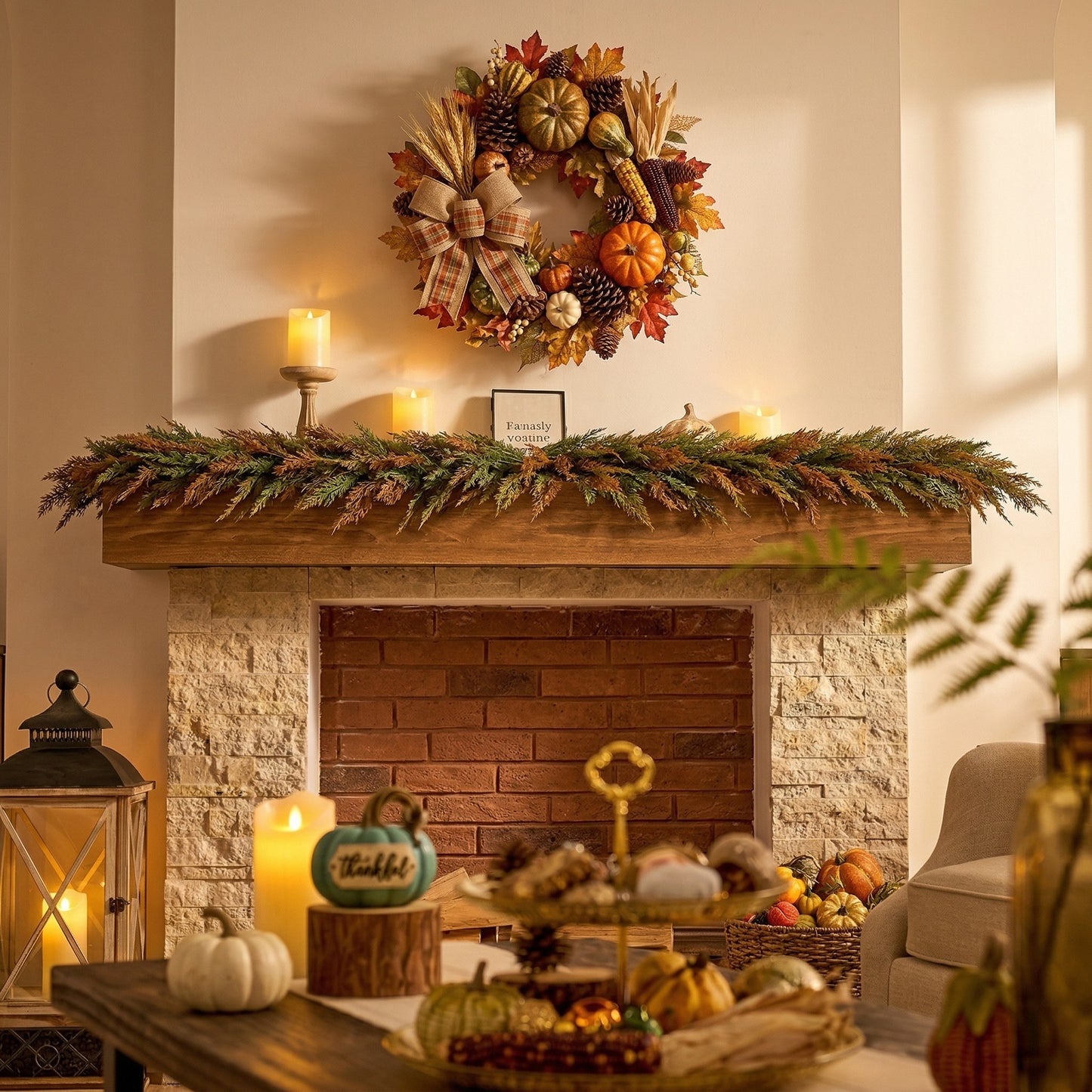 Valery Madelyn 6 Ft Artificial Norfolk Pine Garland for Mantle, Real Tough Fall Cedar Garland with Light, Lighted Autumn Pine Branches for Home Stairs Fireplace Table Indoor Outdoor Holiday Decor