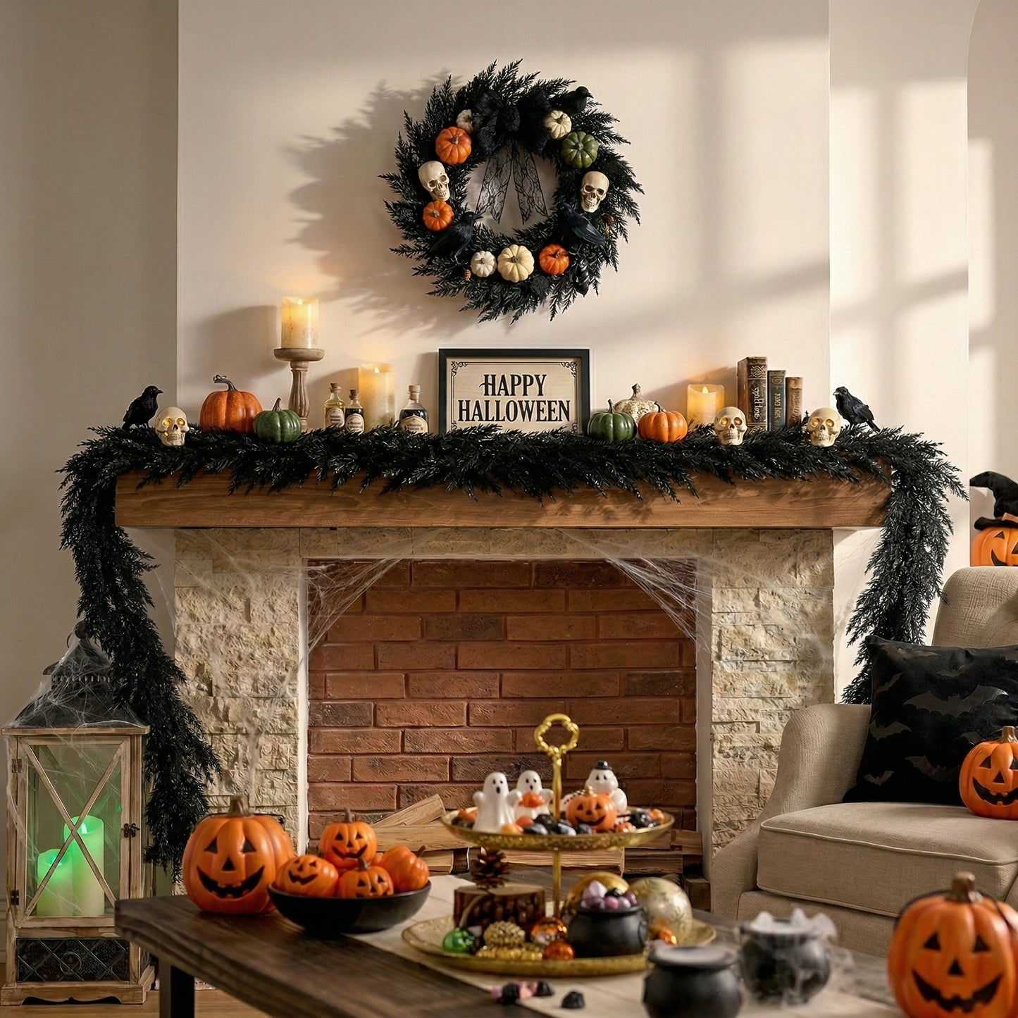 Valery Madelyn 9 Ft Artificial Norfolk Pine Garland for Mantle, Real Tough Halloween Garland with Light, Lighted Winter Pine Branches for Home Stairs Fireplace Table Indoor Outdoor Holiday Decor